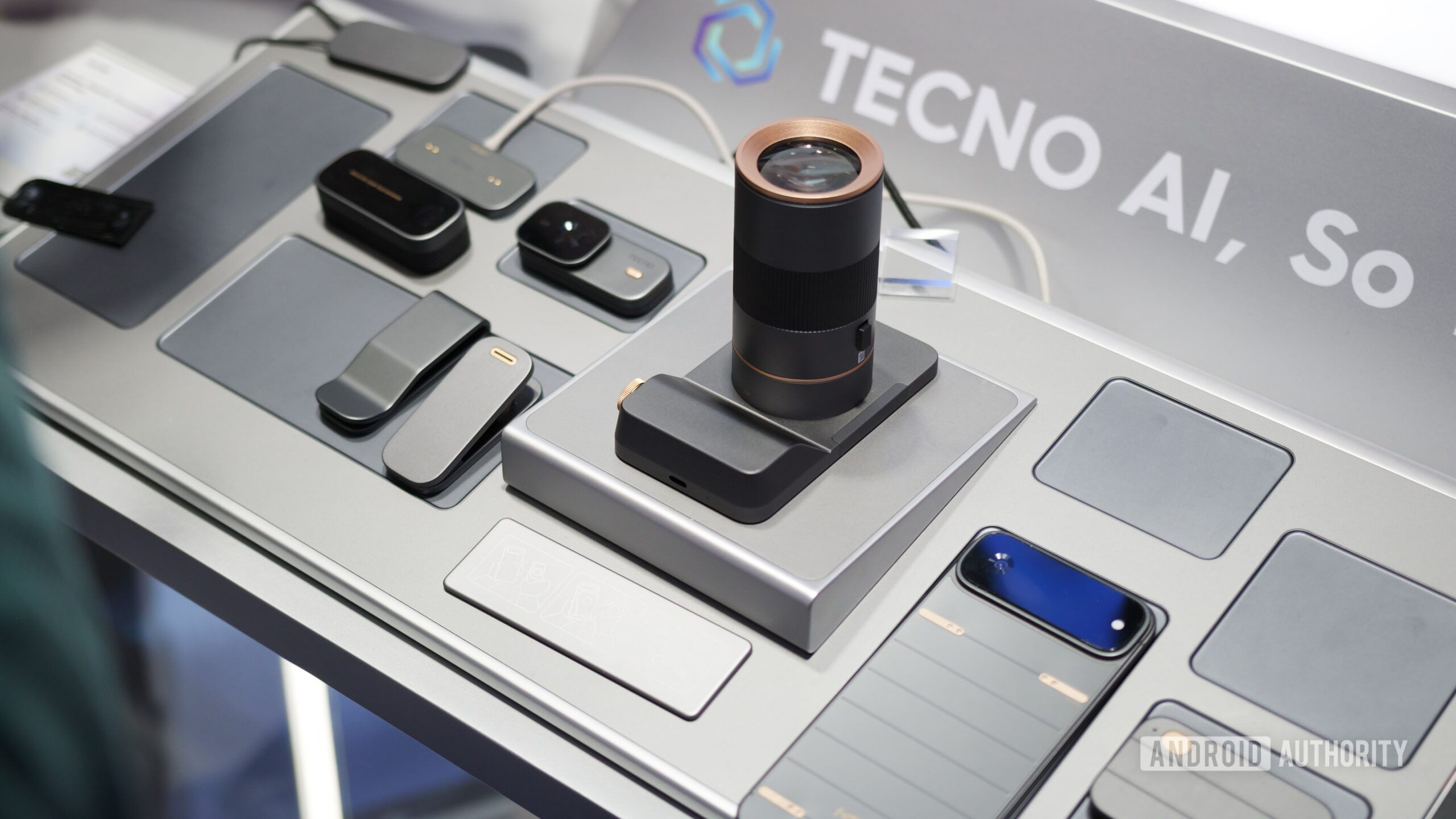 A table of modules for TECNO's concept phone at MWC 2026.
