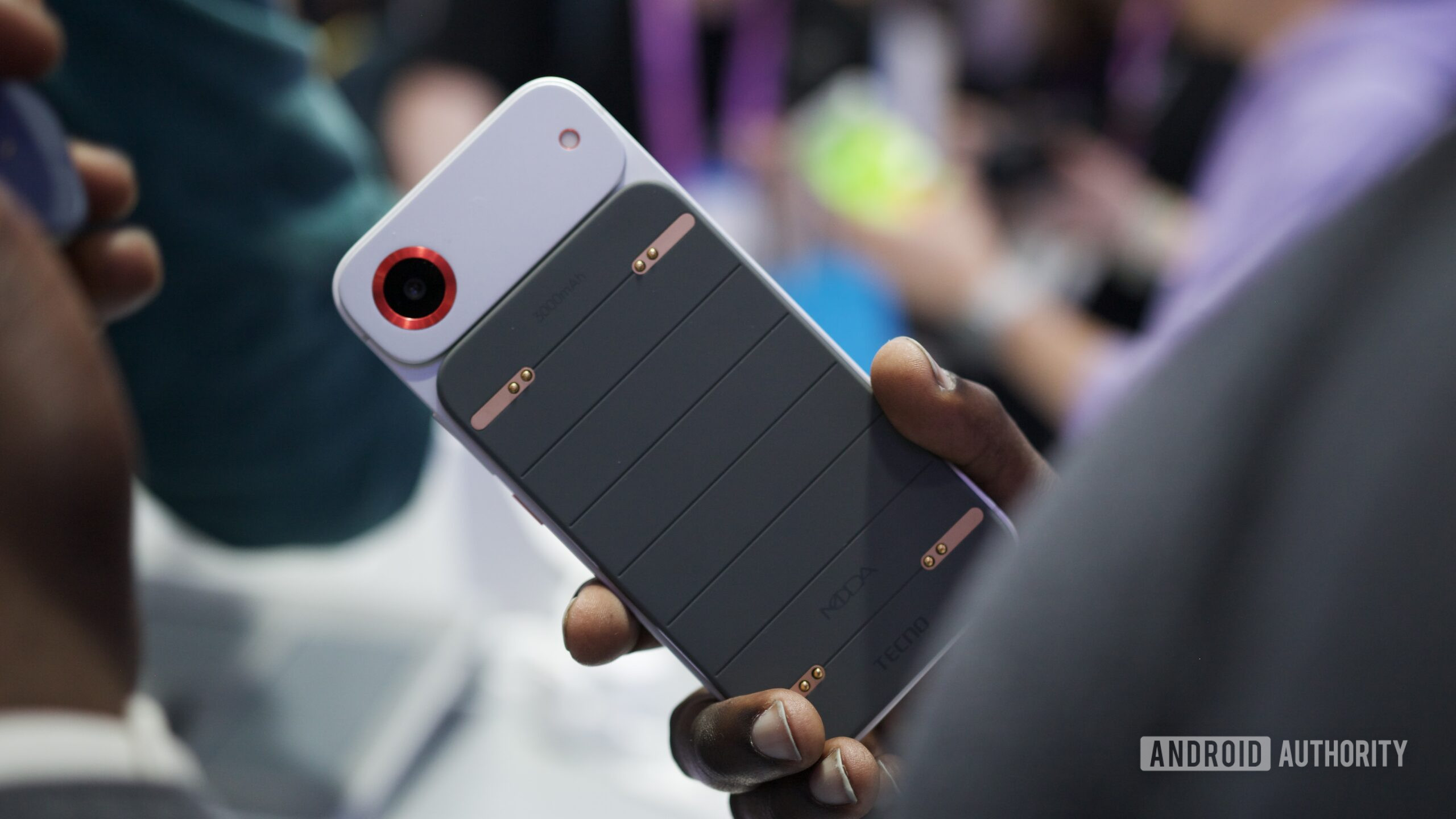 TECNO's MWC 2026 concept phone with a battery module attached.