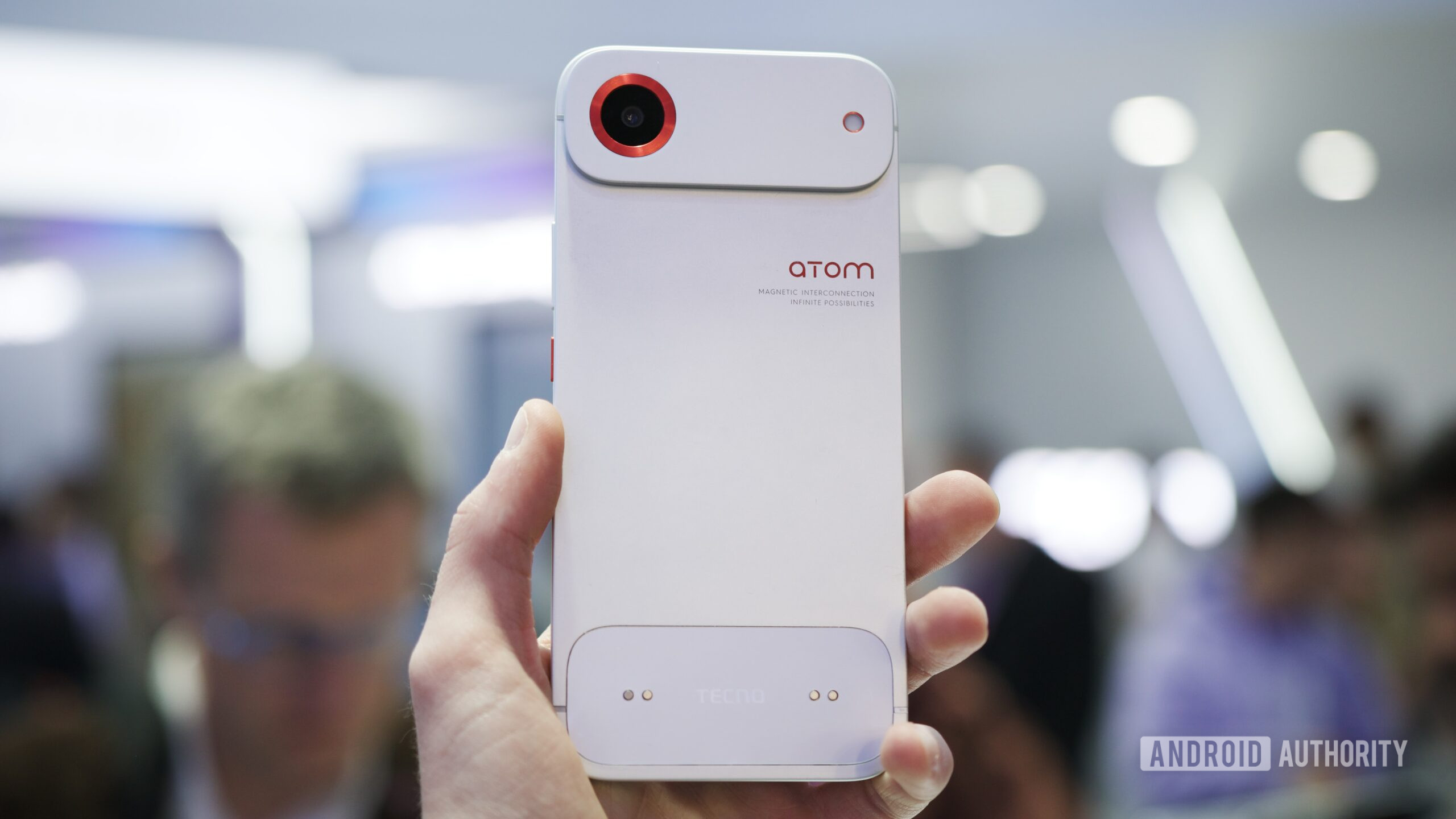 tecno modular concept phone mwc 2026 9 Someone holding the TECNO concept phone at MWC 2026.