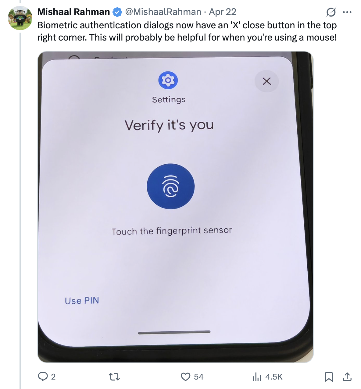 A tweet explaining Android 17 Beta 4 biometric changes.