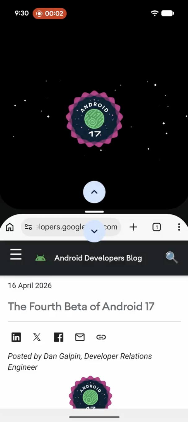 The new split screen arrows in Android 17 Beta 4.