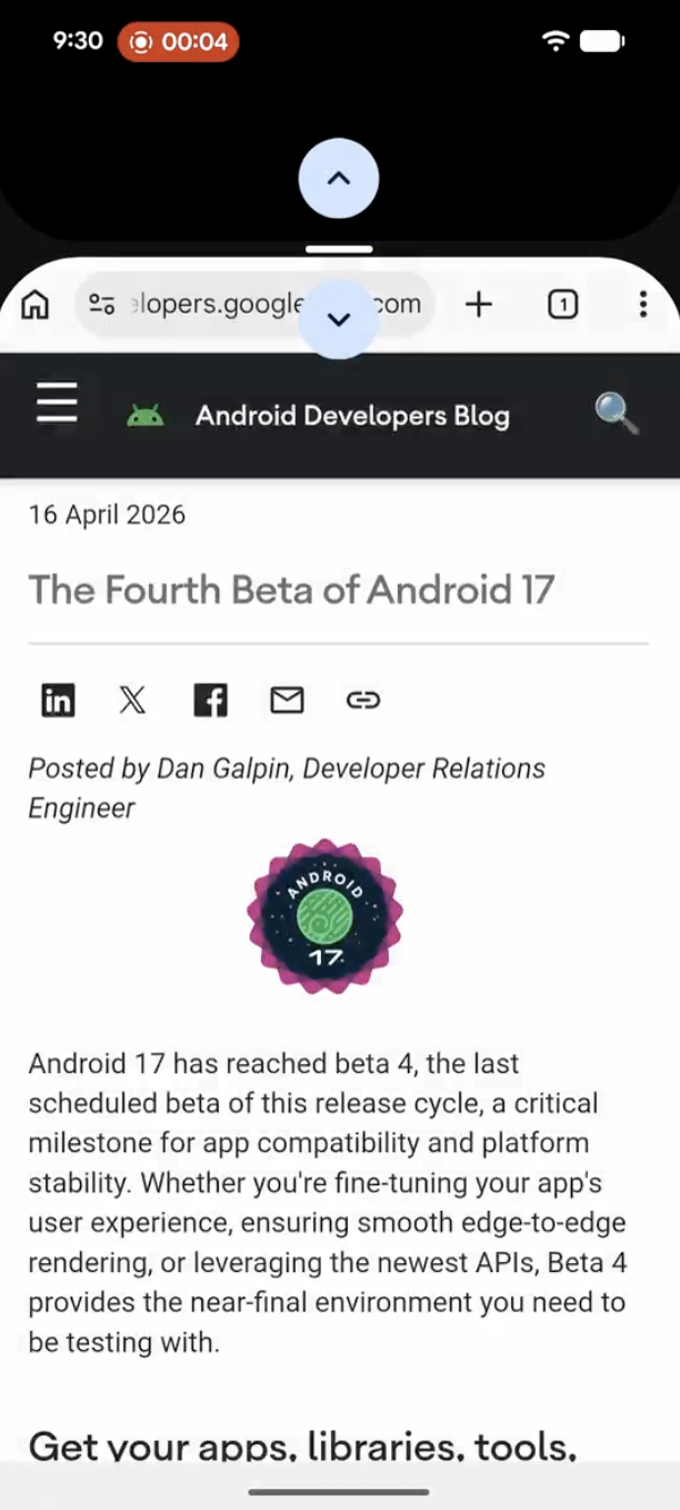 The new split screen arrows in Android 17 Beta 4.