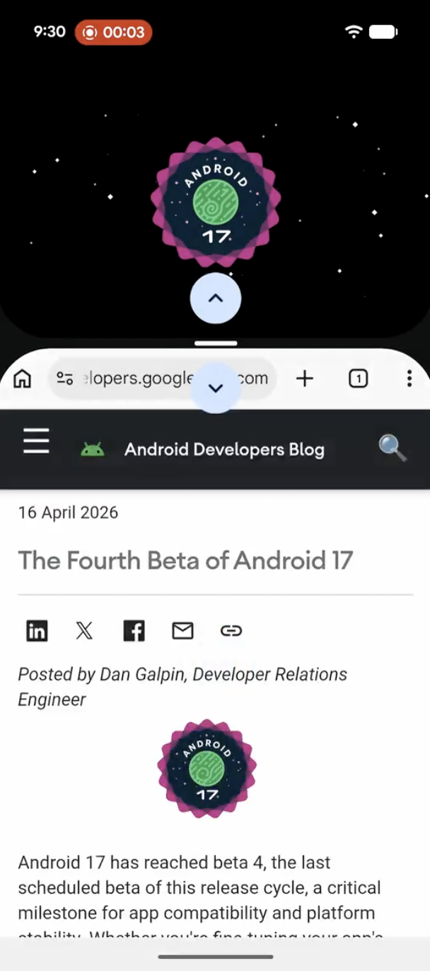 The new split screen arrows in Android 17 Beta 4.