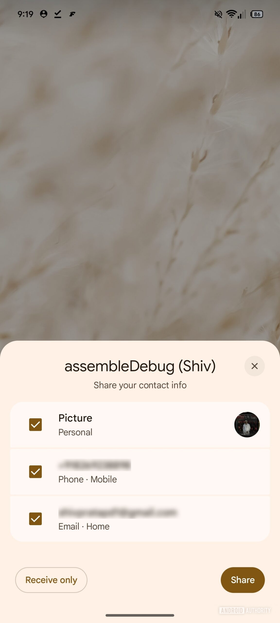 Android Tap to Share feature Contact sharing screen