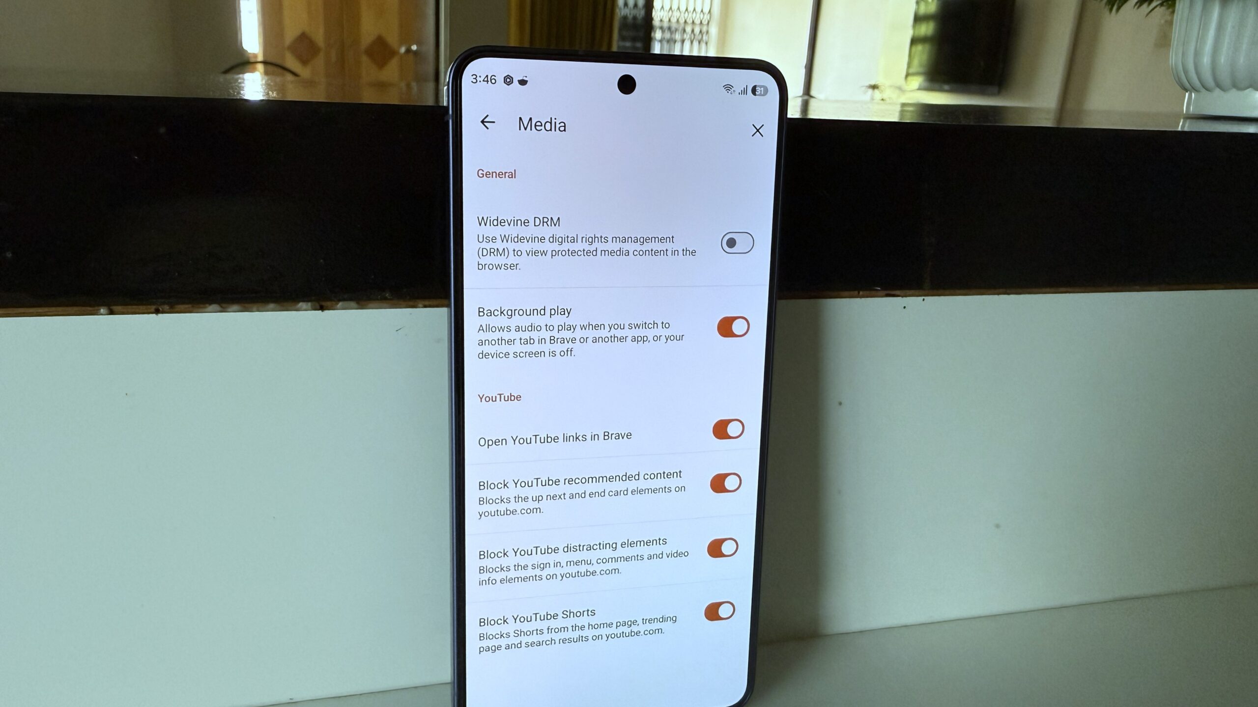 Brave browser showing media settings on Android phone