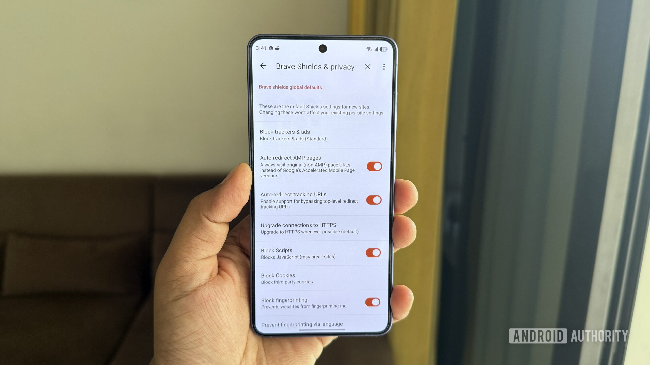 Brave browser showing privacy settings on Android phone Brave browser showing privacy settings on Android phone