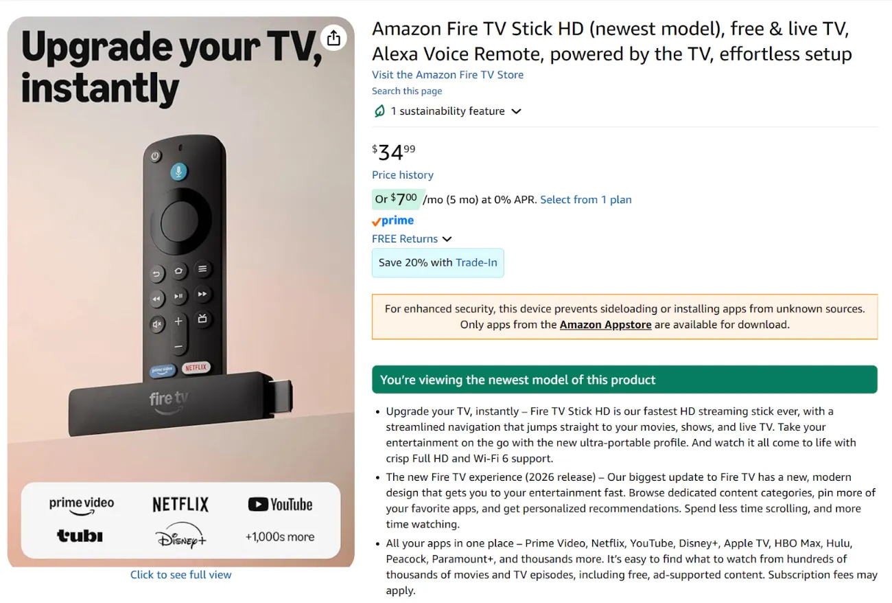 Fire TV Stick HD warning