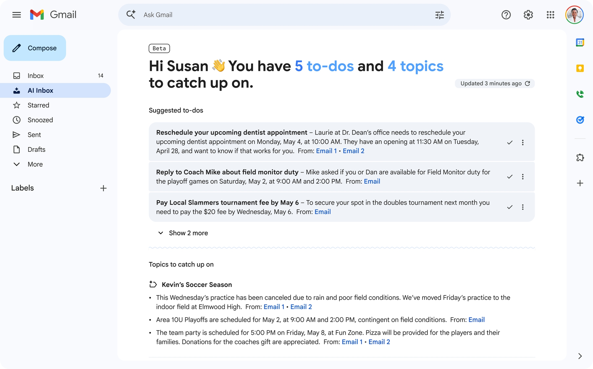 Google AI Inbox Screenshot
