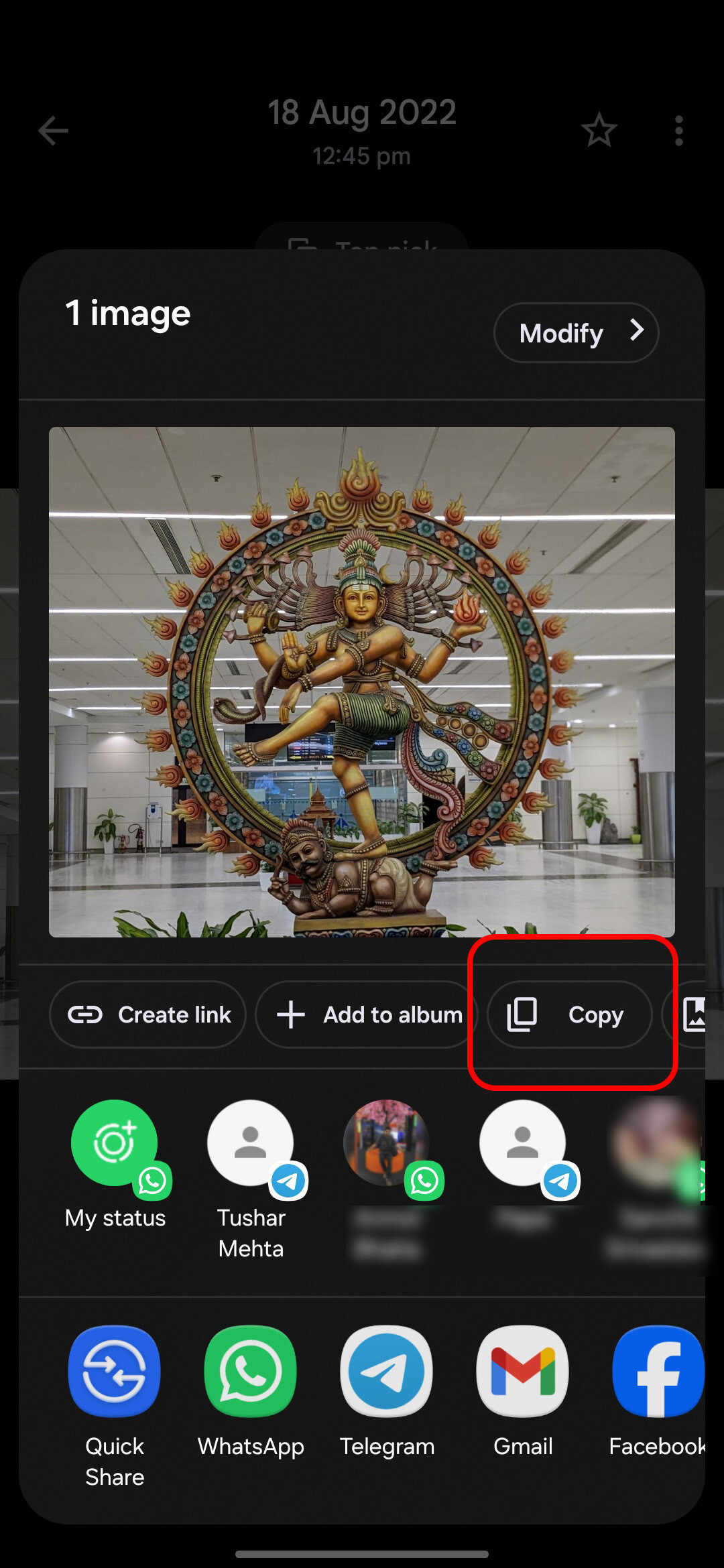Google Photos copy button