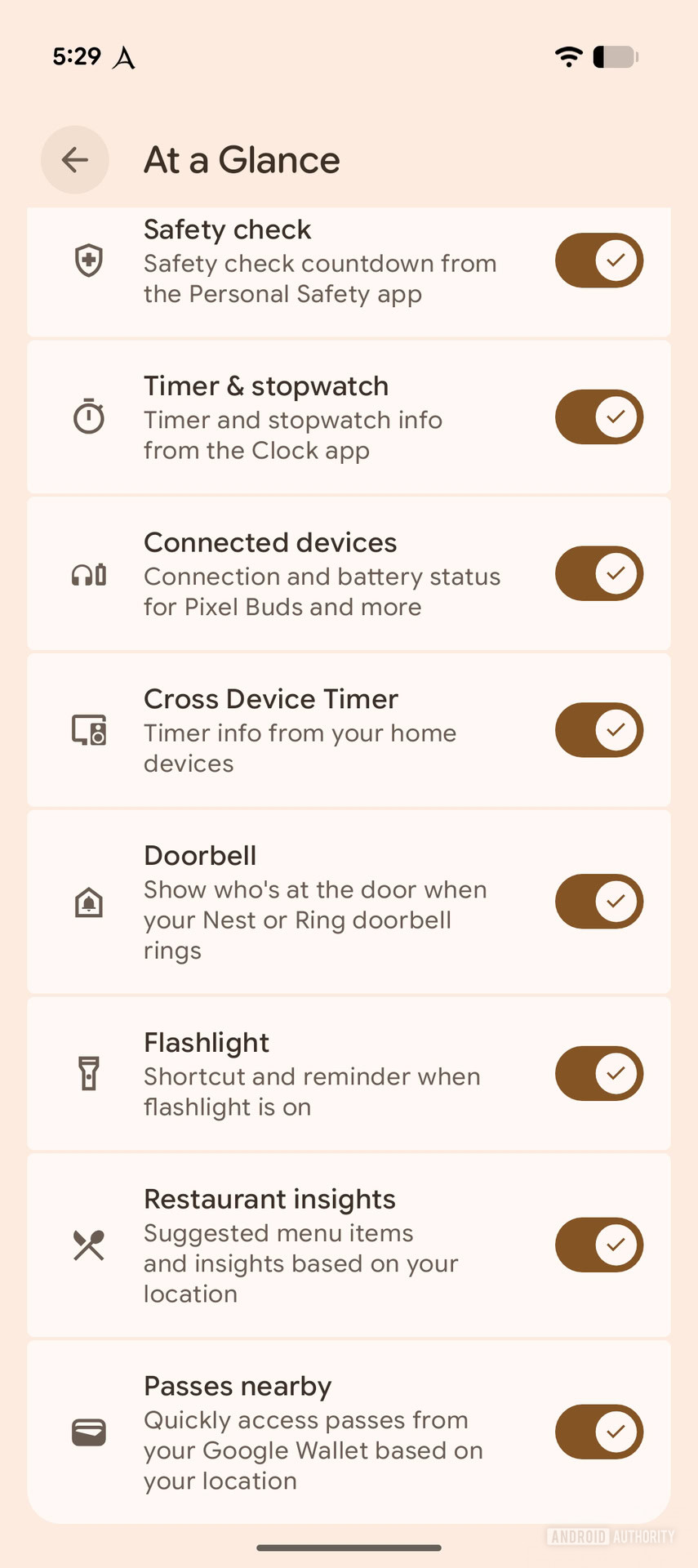 Google Pixel At a Glance Upcoming Passes Nearby and Restaurant Insights feature toggle