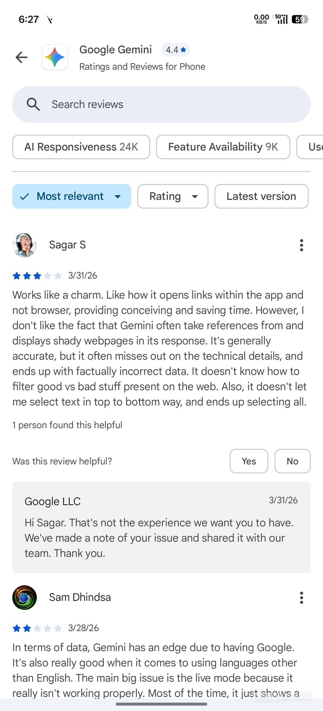 Google Play Store App Reviews with New Filter Layout