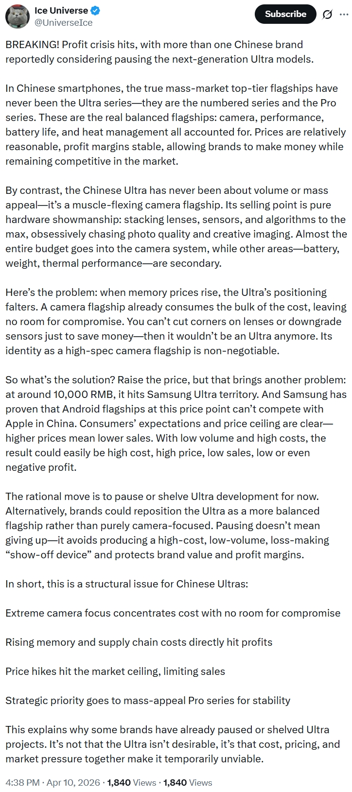 Ice Universe on Android Ultra flagships dying