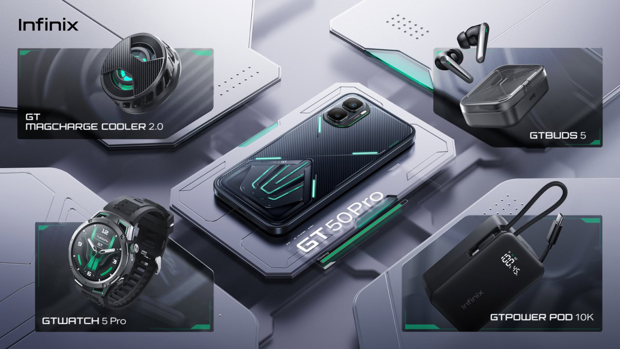Infinix GT 50 Pro alongside Infinix's GT ecosystem comprising a power bank, cooling fan, smartwatch, and earbuds