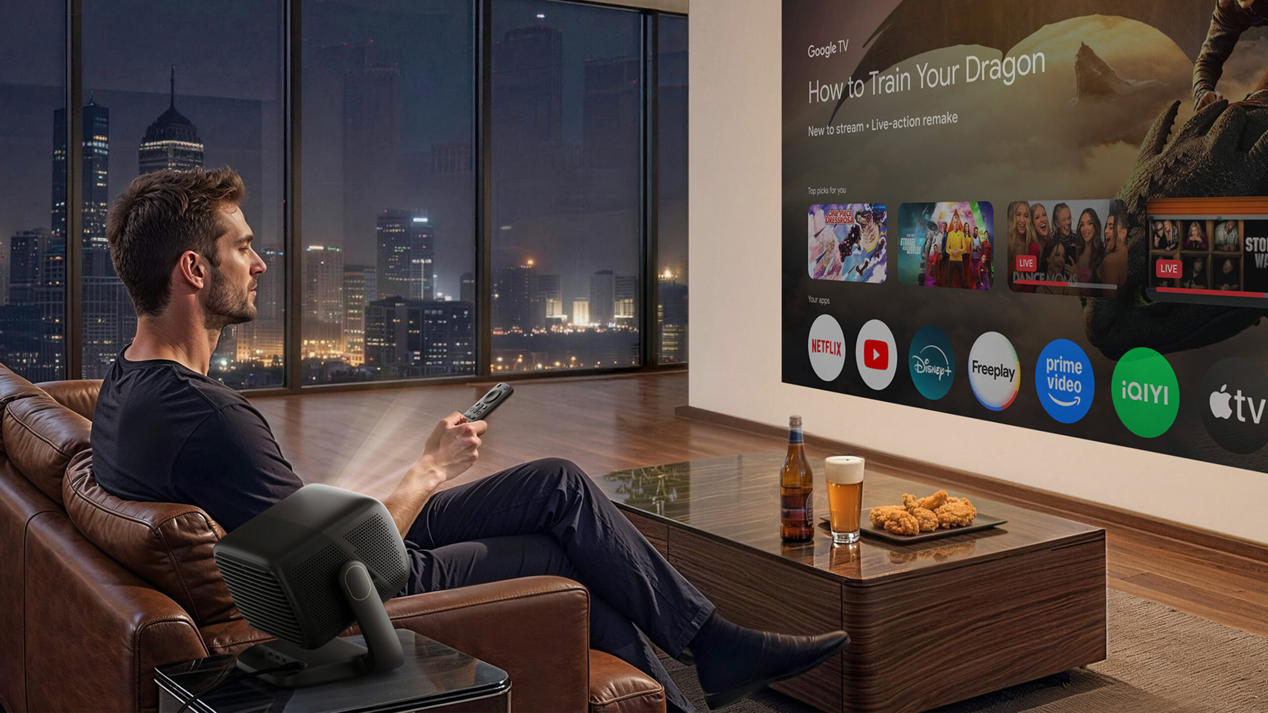 A JMGO N3 Ultimate projects the Google TV landing page.