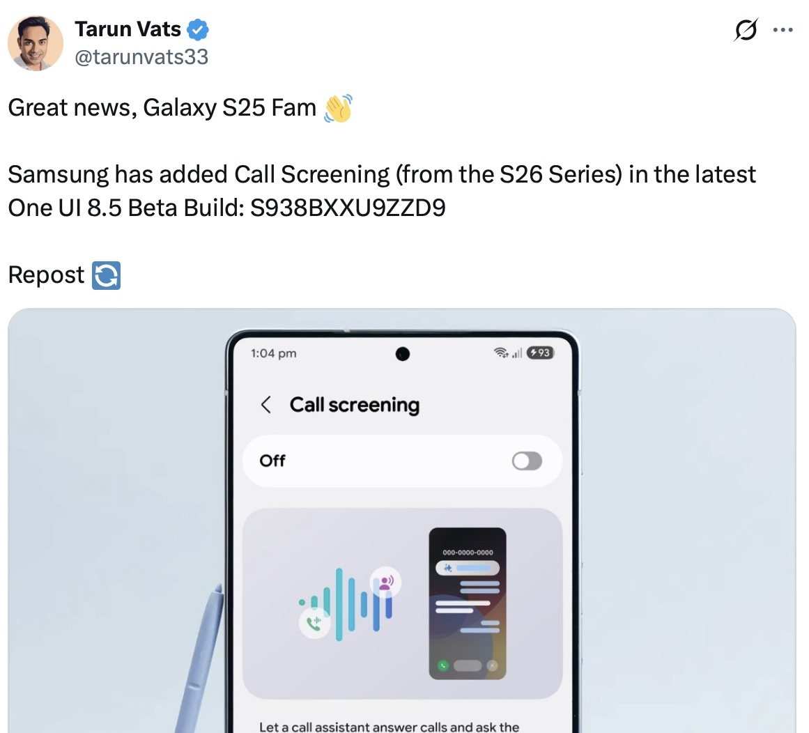 Tarun Vatsa commented on Call screen on S25 on X