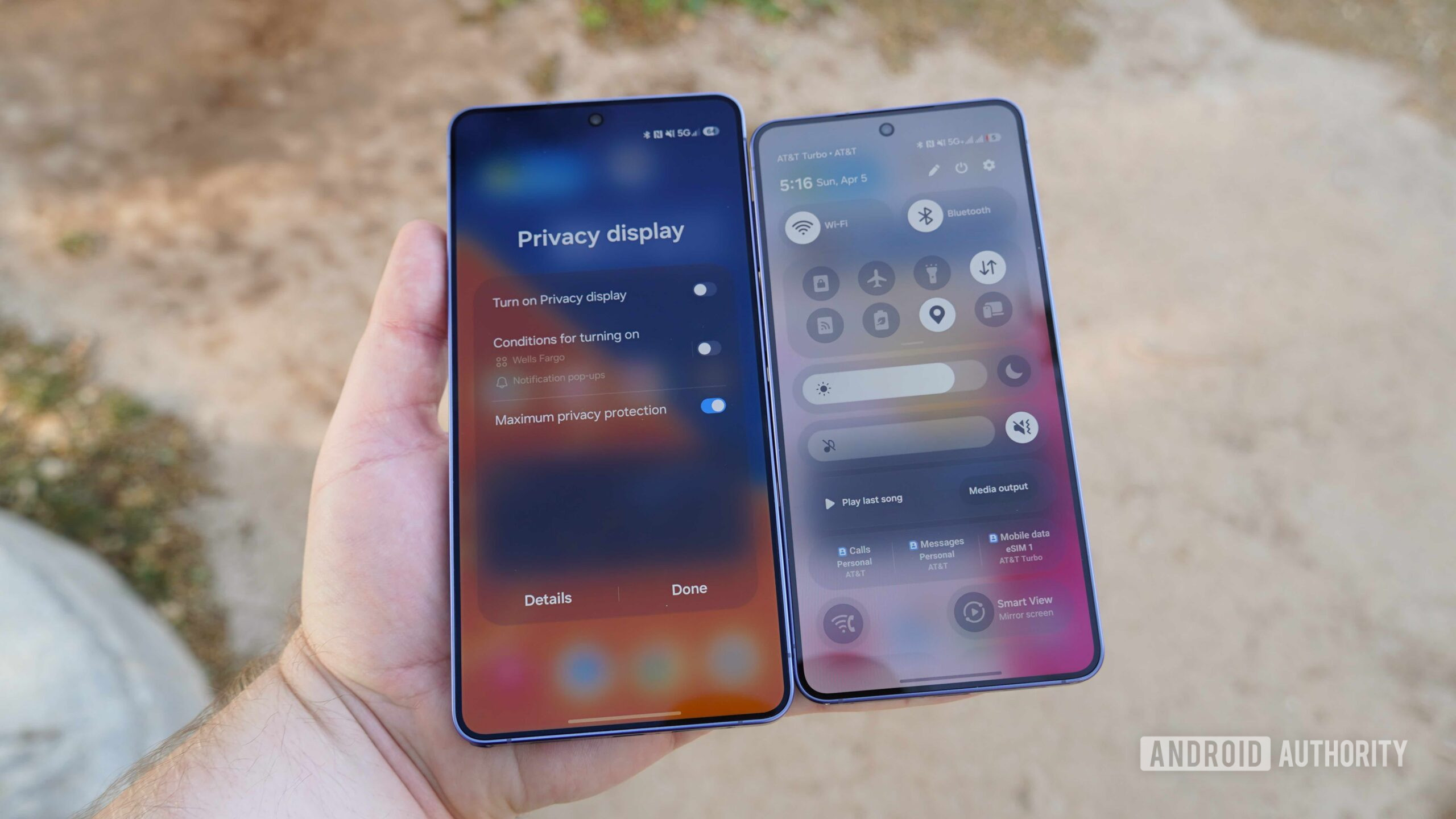 Samsung Galaxy S26 vs Ultra 5 The Privacy Display settings on the Galaxy S26 Ultra compared to the missing option on the Galaxy S26.