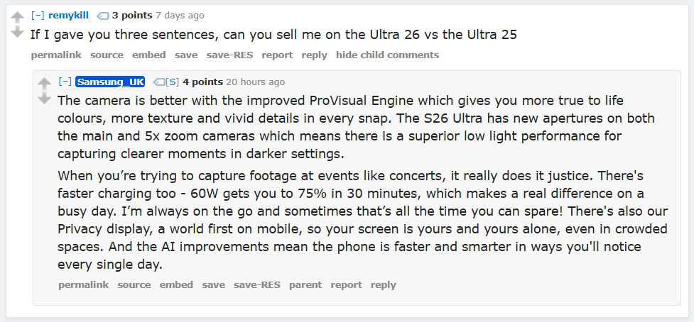 Samsung UK response on Reddit AMA