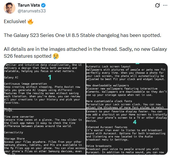 Tarun vats X post about the galaxy s23's stable one ui 8.5 changelog