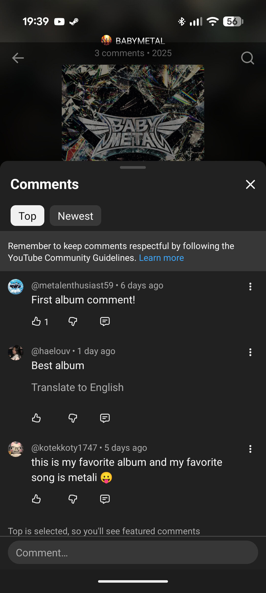 Youtube Music comments