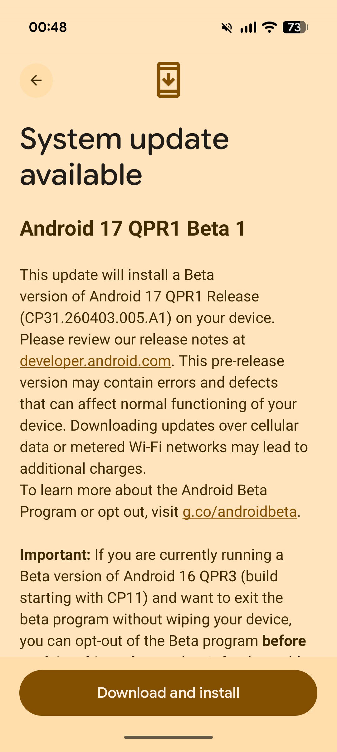 android 17 qpr1 beta 1 screen