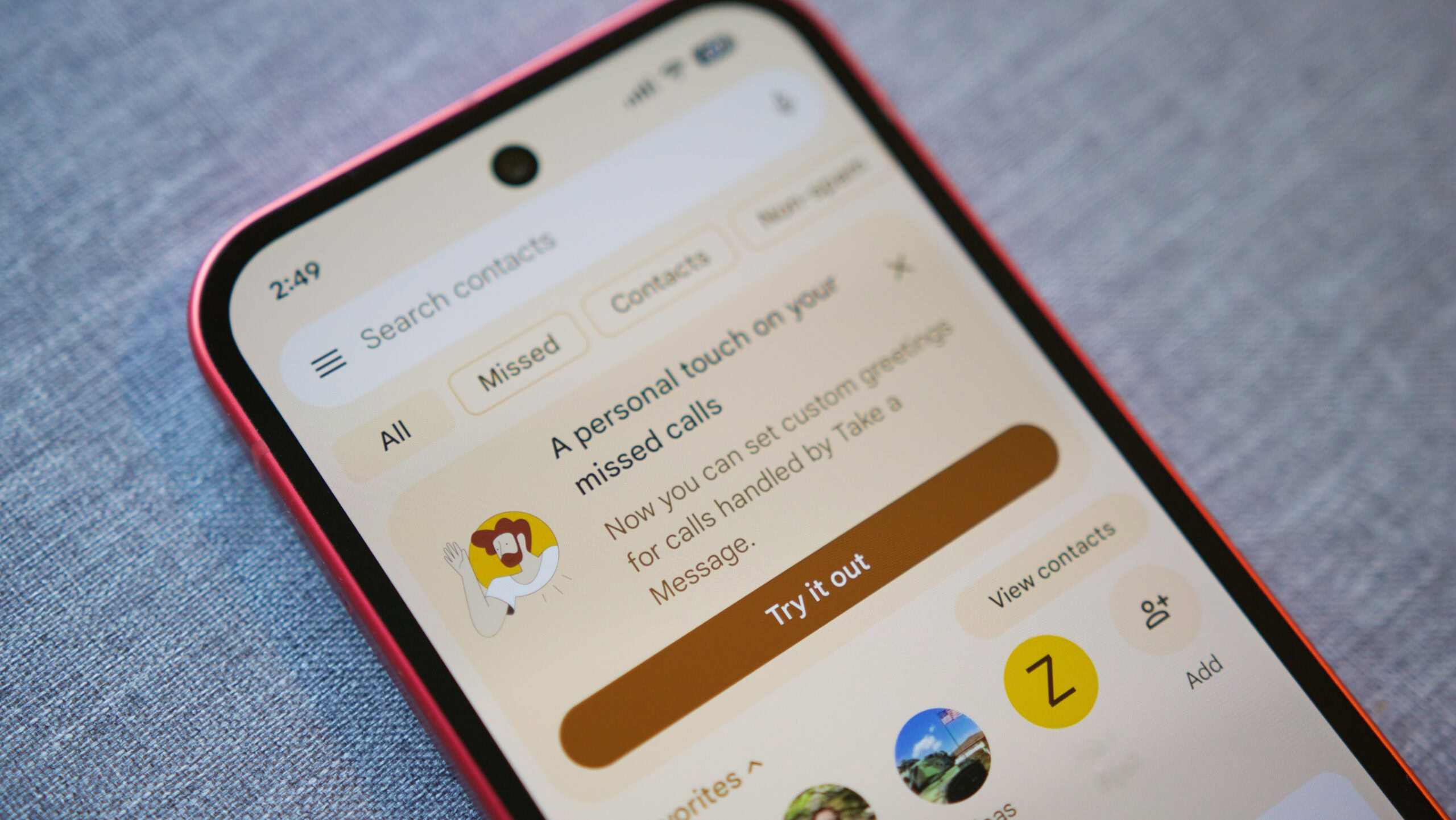 Pop-up for creating a custom Take a Message recording in the Google Phone app.