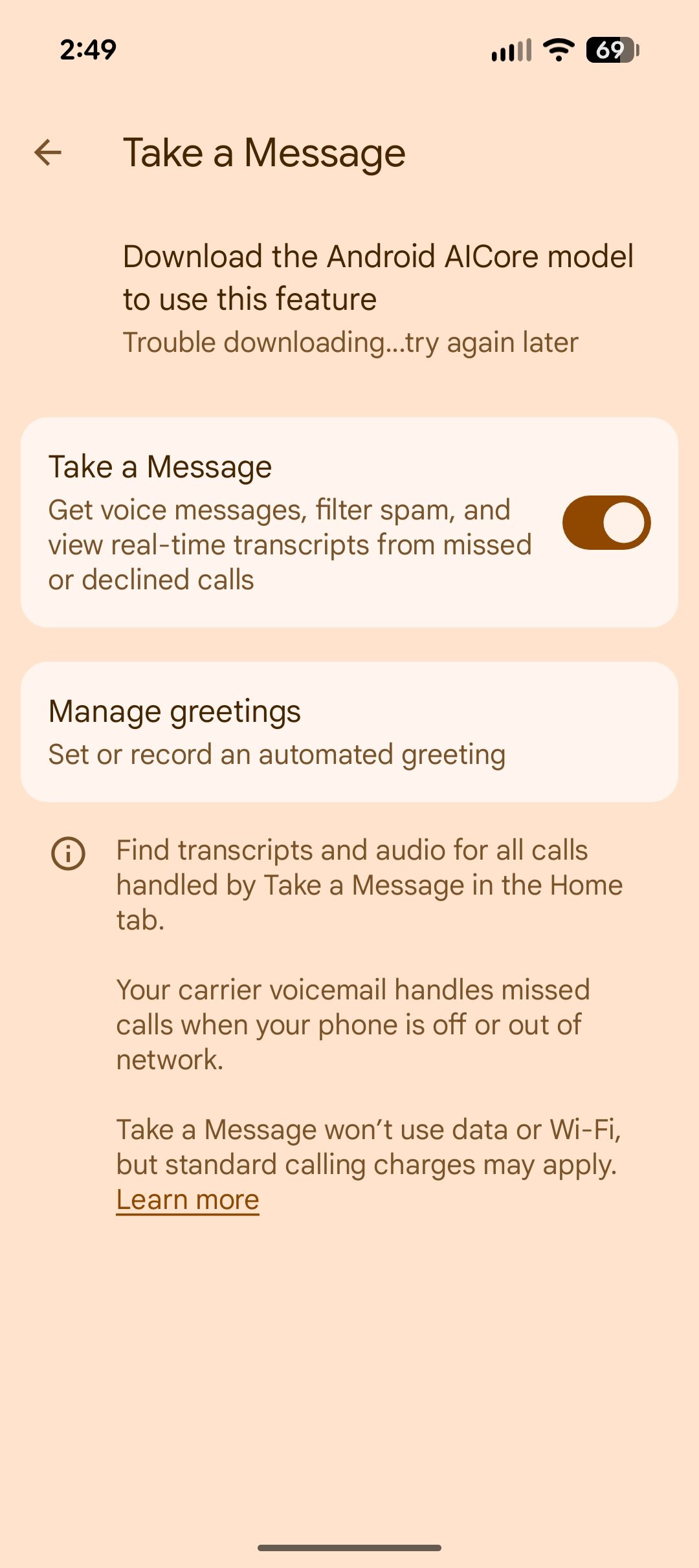 Screenshot of creating a custom Take a Message greeting in the Google Phone app.