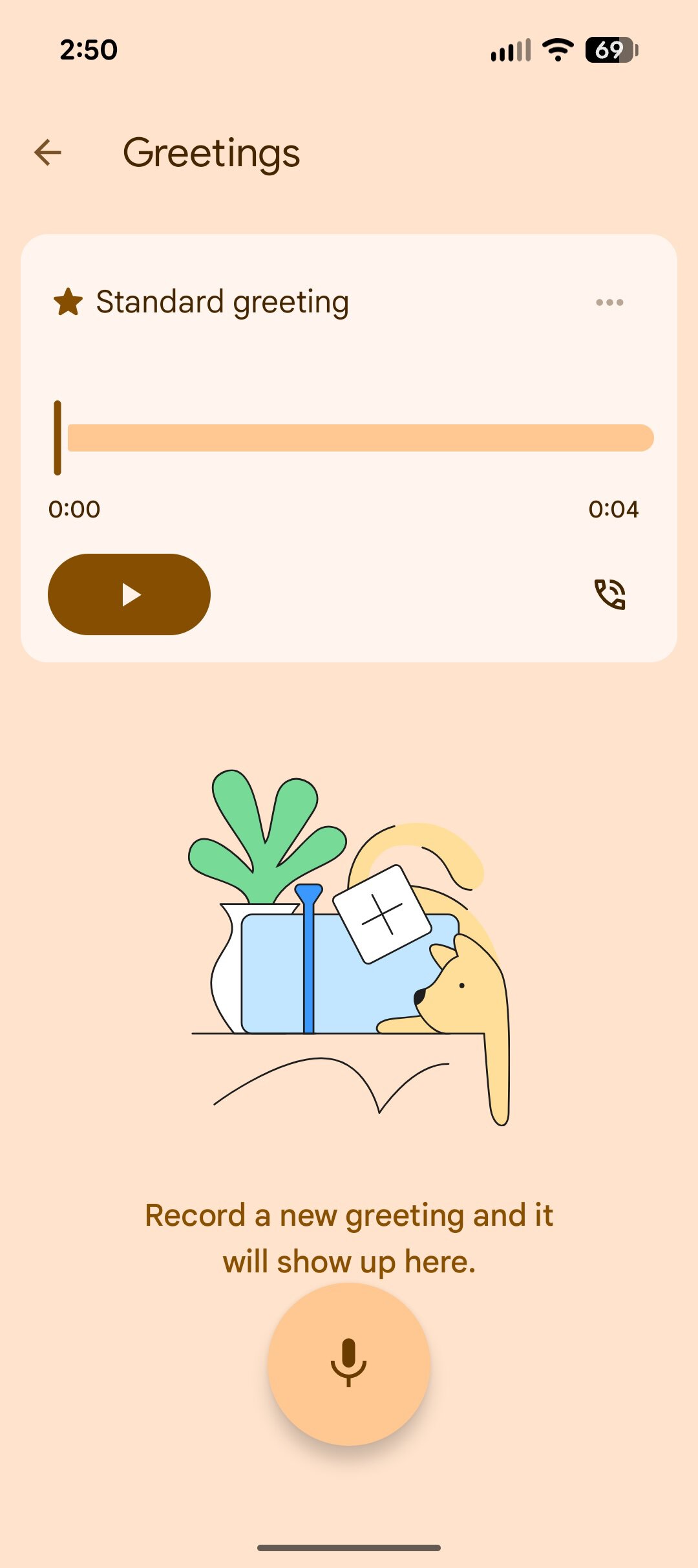 Screenshot of creating a custom Take a Message greeting in the Google Phone app.