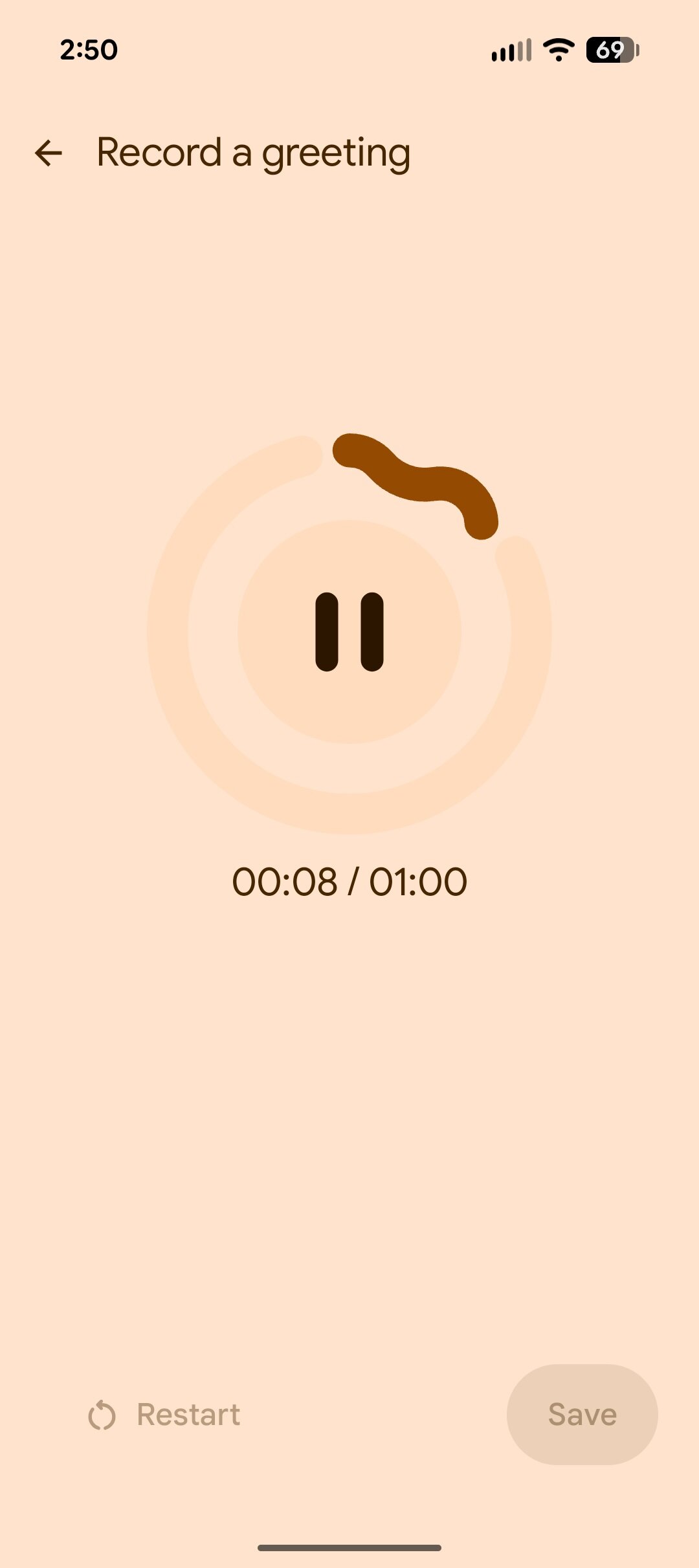 Screenshot of creating a custom Take a Message greeting in the Google Phone app.