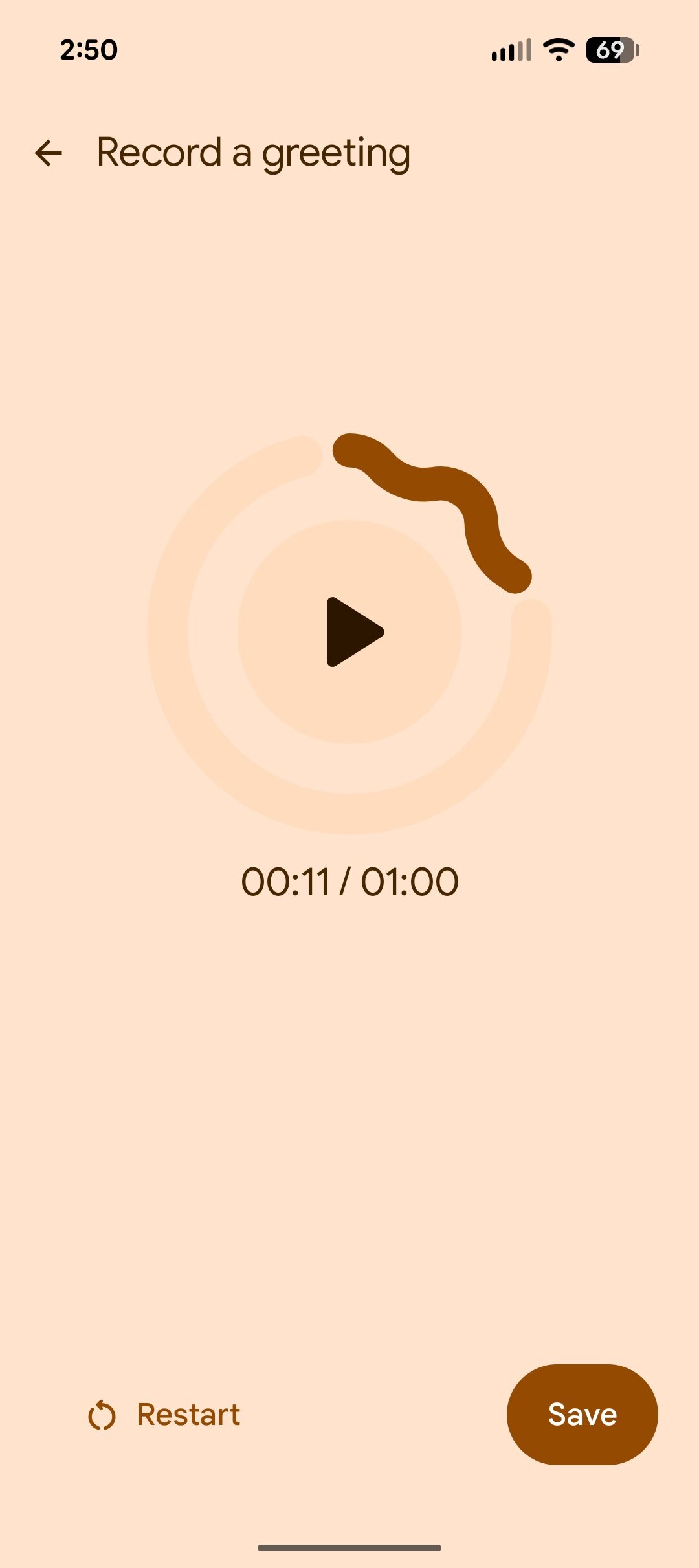 Screenshot of creating a custom Take a Message greeting in the Google Phone app.