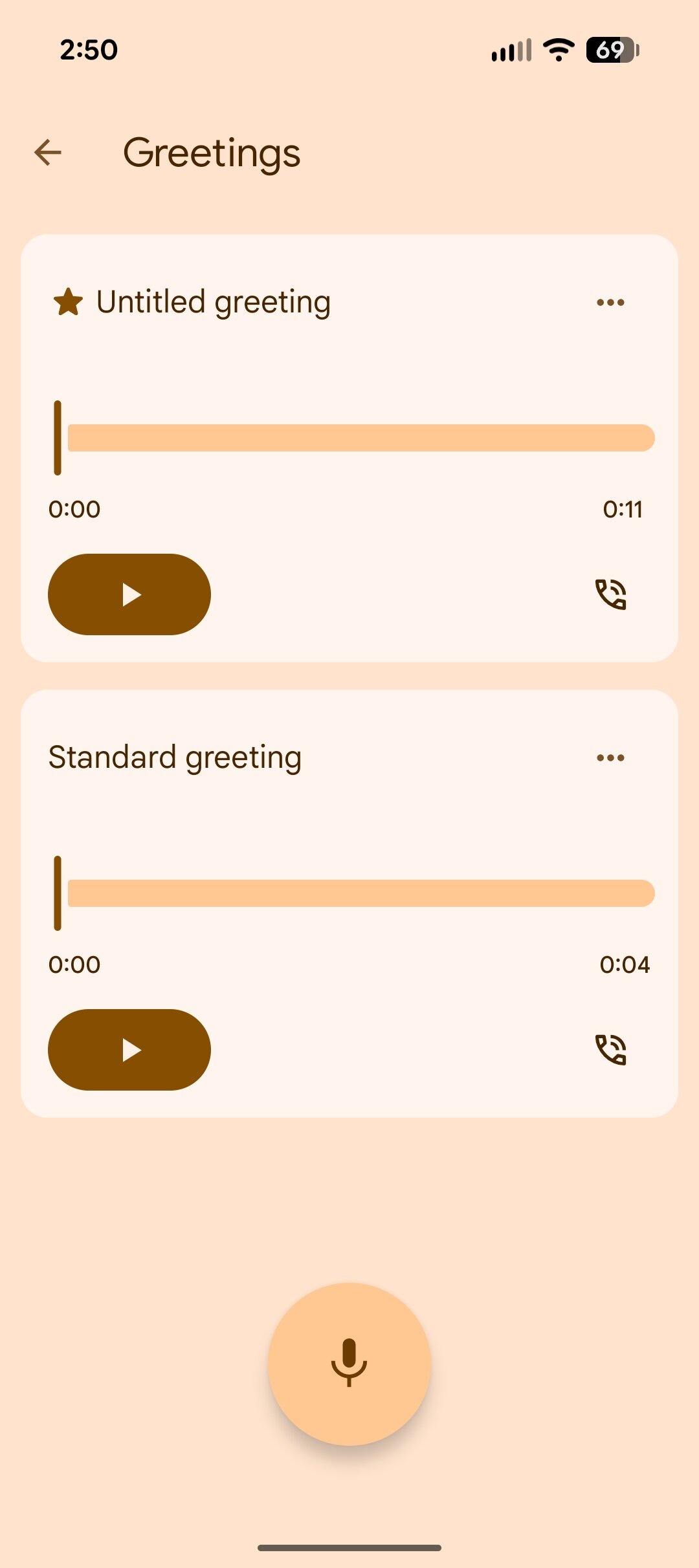 Screenshot of creating a custom Take a Message greeting in the Google Phone app.