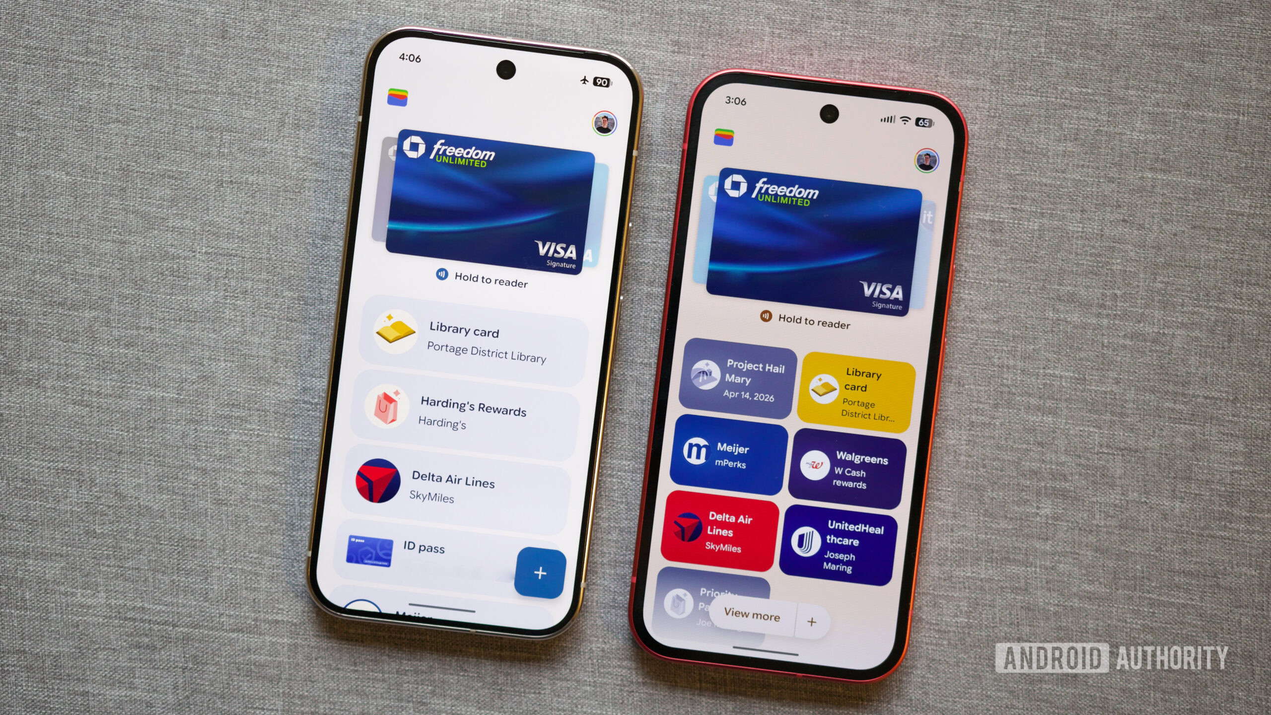 Two Pixels running Google Wallet, one with the old UI and one with the new UI.
