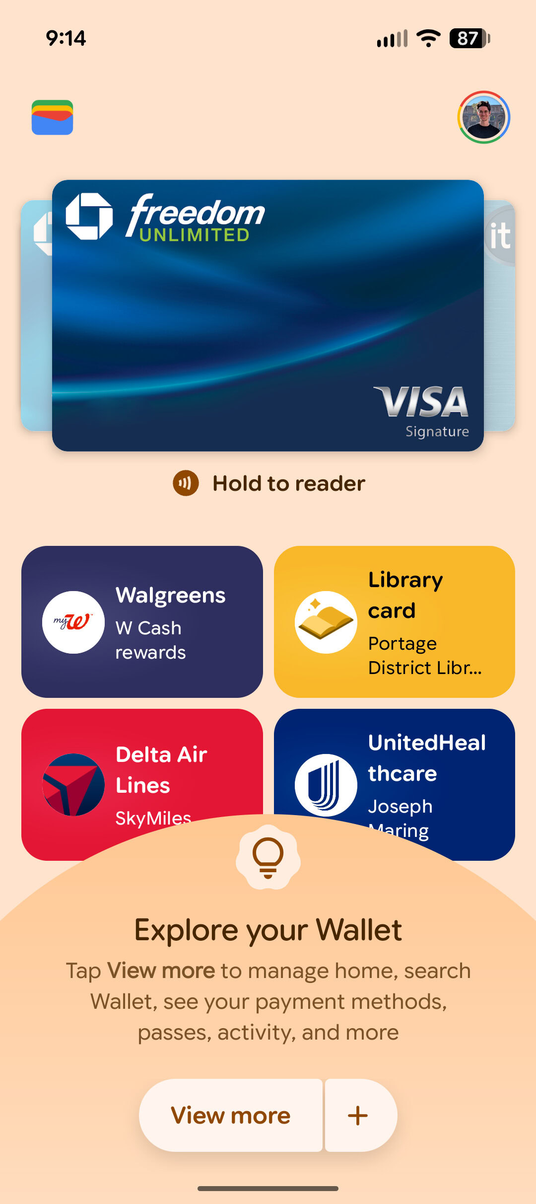 Screenshot of the redesigned Google Wallet app, as of April 2026.