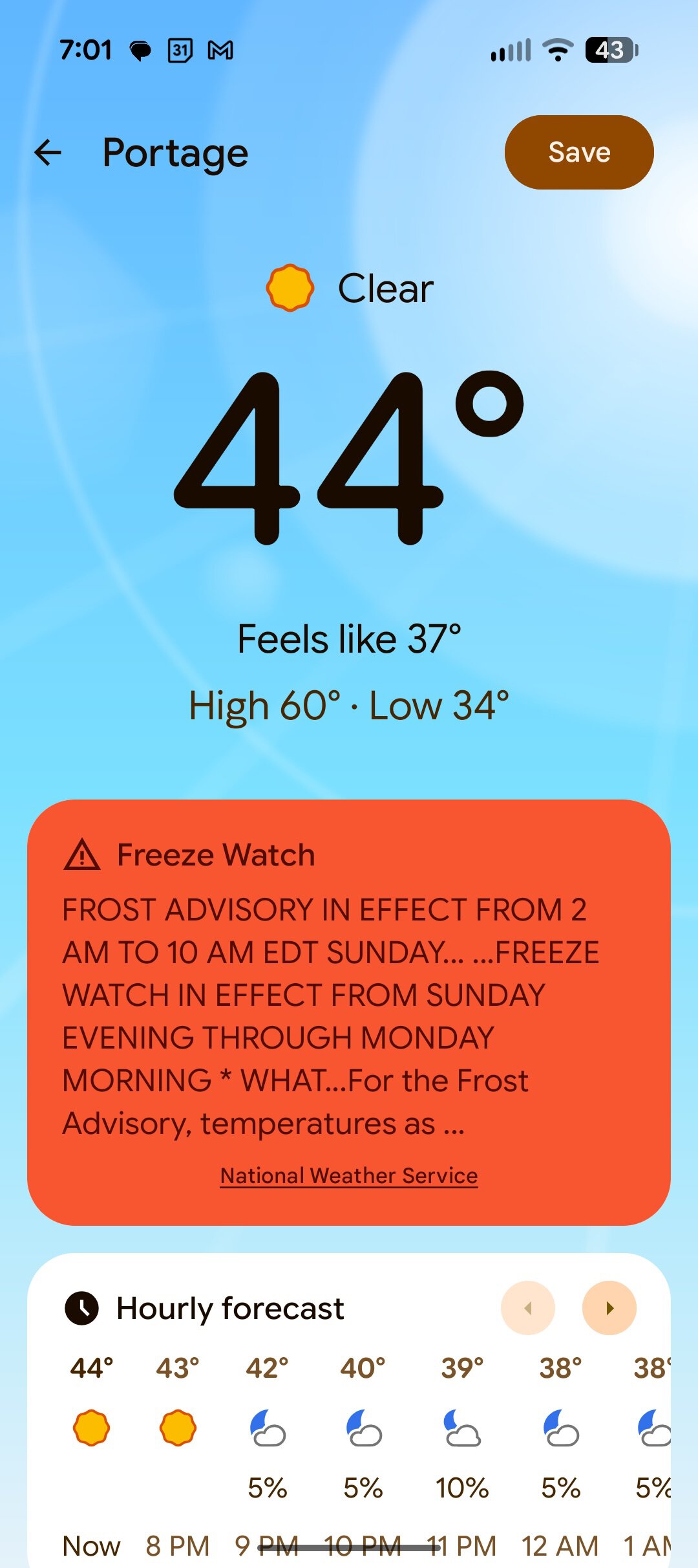 Screenshot of Pixel Weather showing a weather alert.