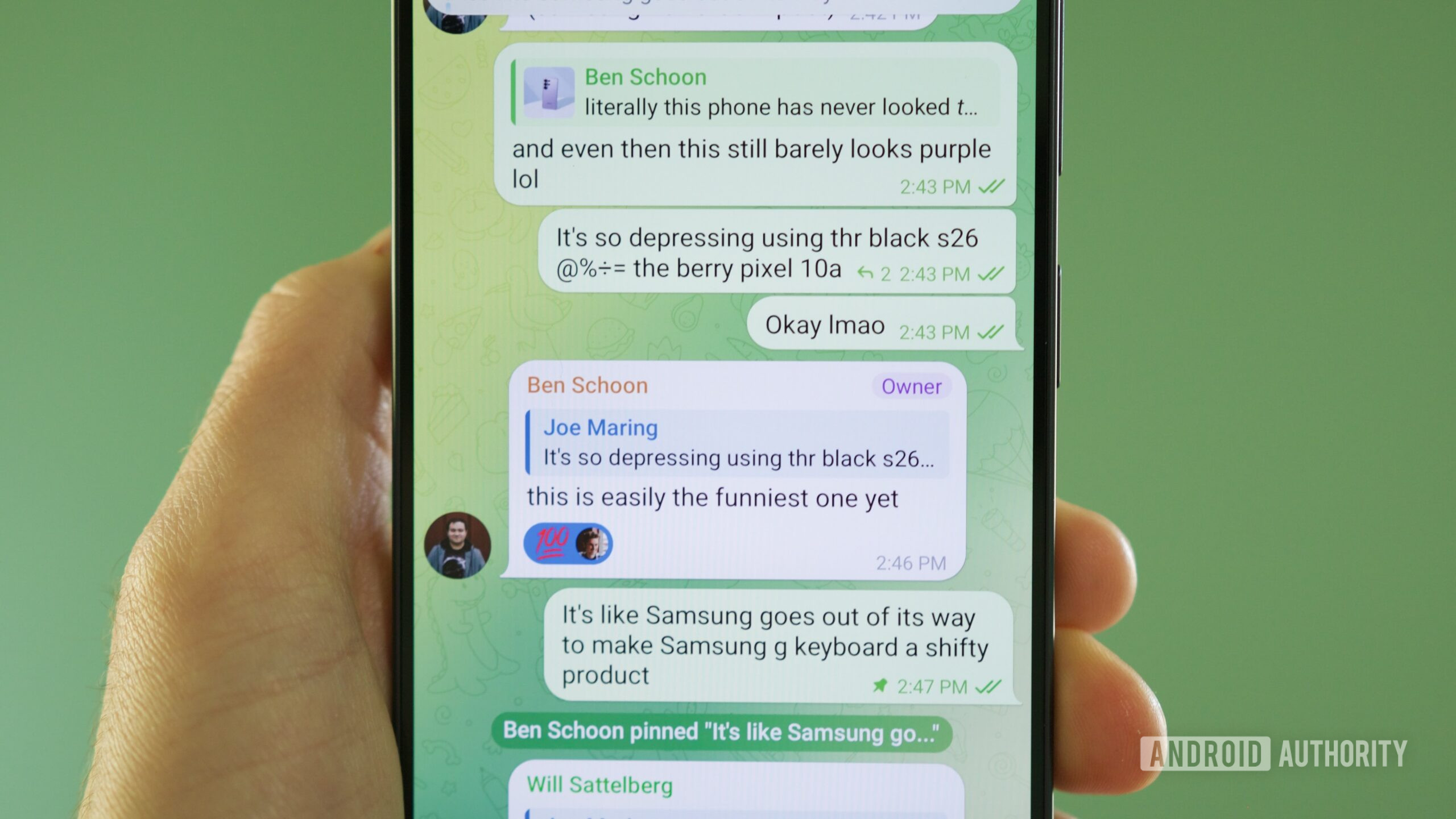 A group chat with typo-ridden messages, typed with Samsung Keyboard.