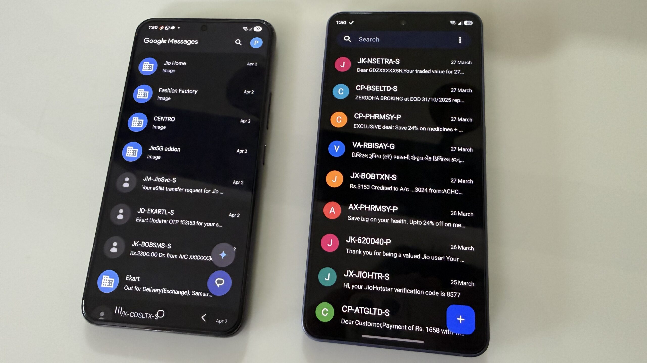 Fossil messages next to Google Messages.