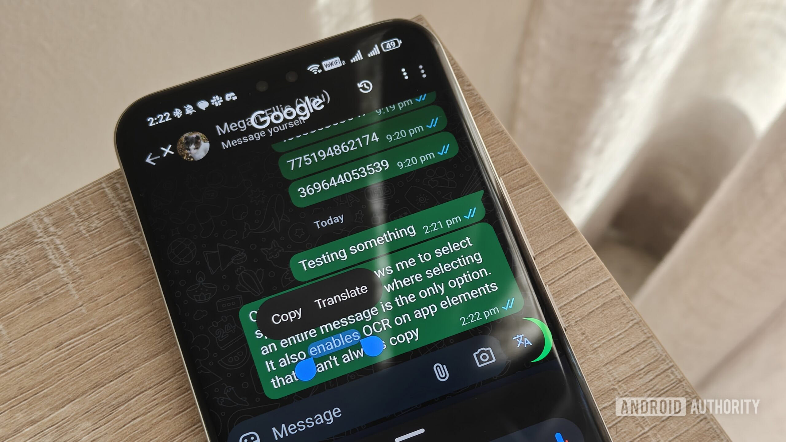 selecting text in whatsapp using circle to search