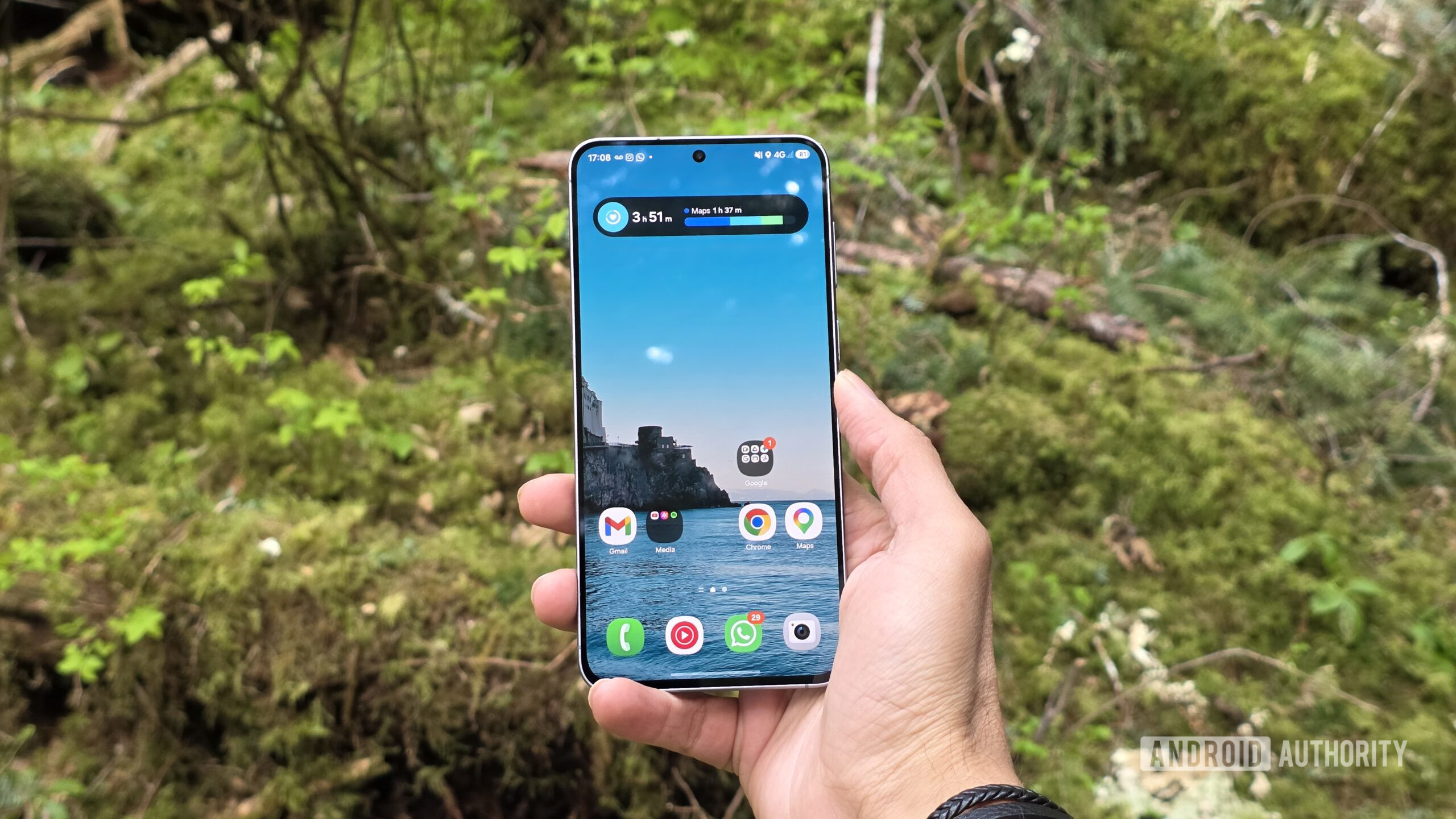Samsung Galaxy A57 5G review image showing the phone's display in an outdoor setting