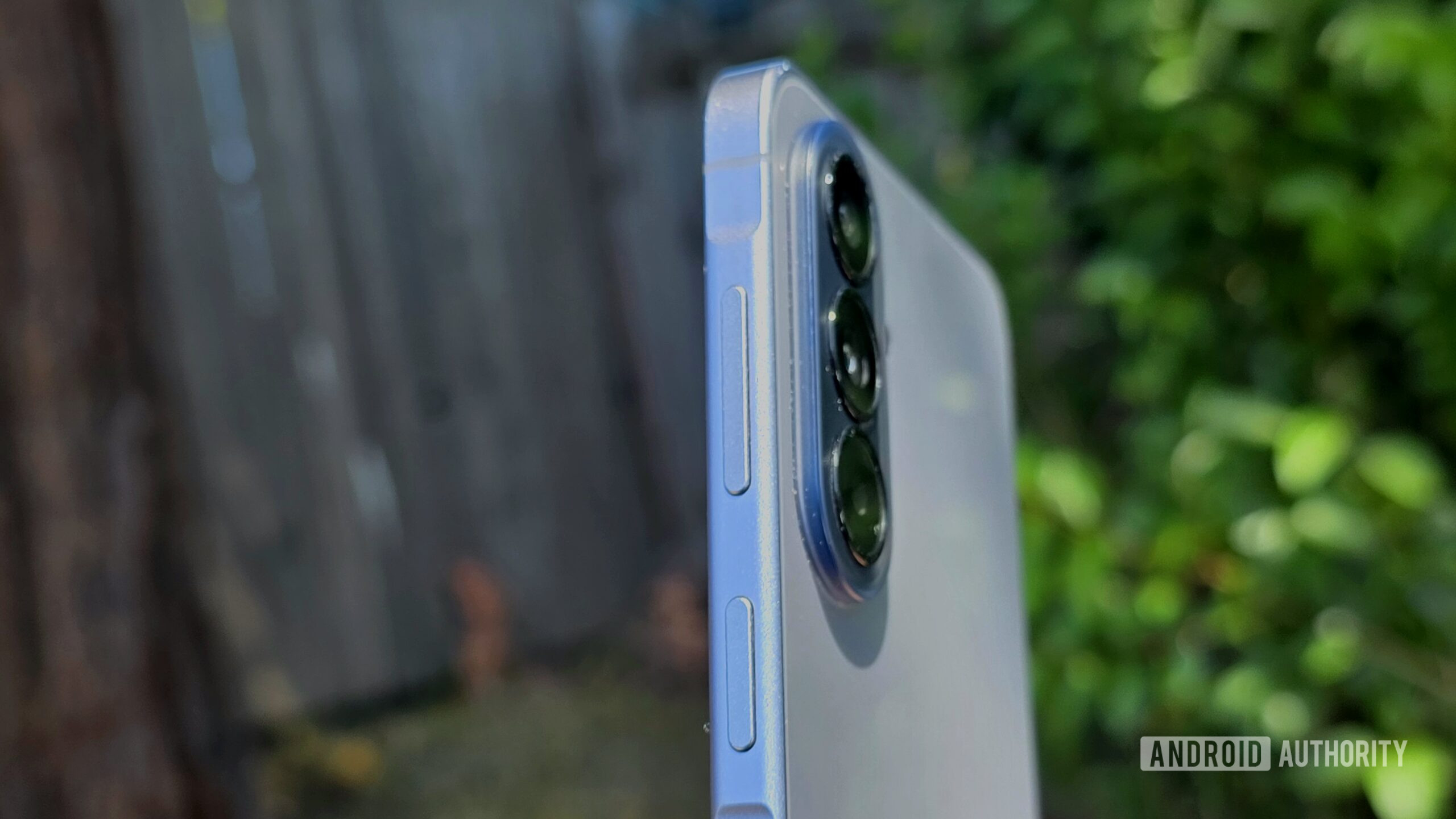 Samsung Galaxy A57 5G review image showing the phone's right edge and the camera placement