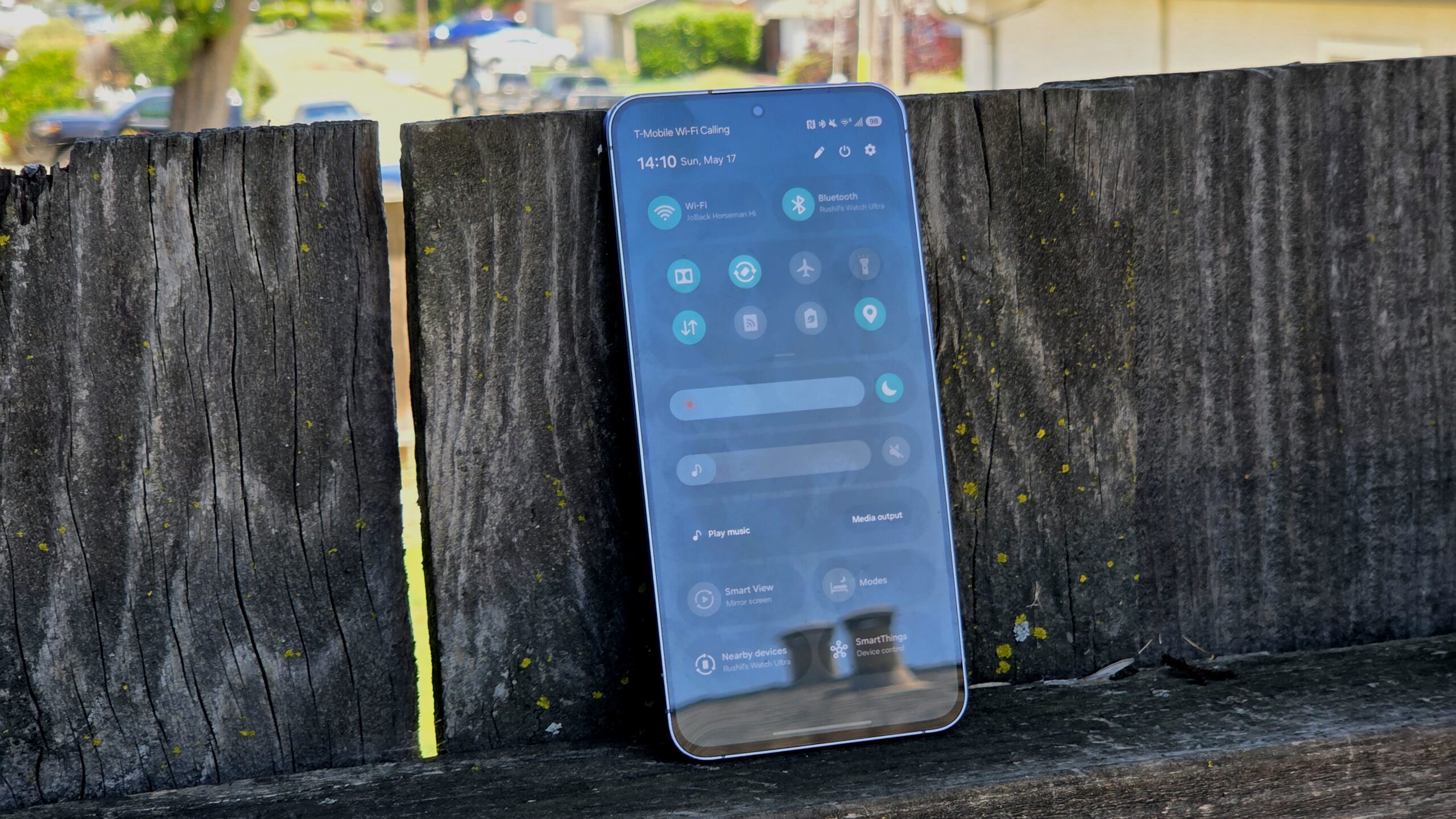 Samsung Galaxy A57 review image showing the phone's display brightness on a sunny day