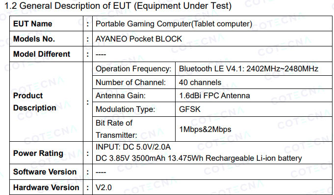 AYANEO Pocket Block FCC test report charging and battery