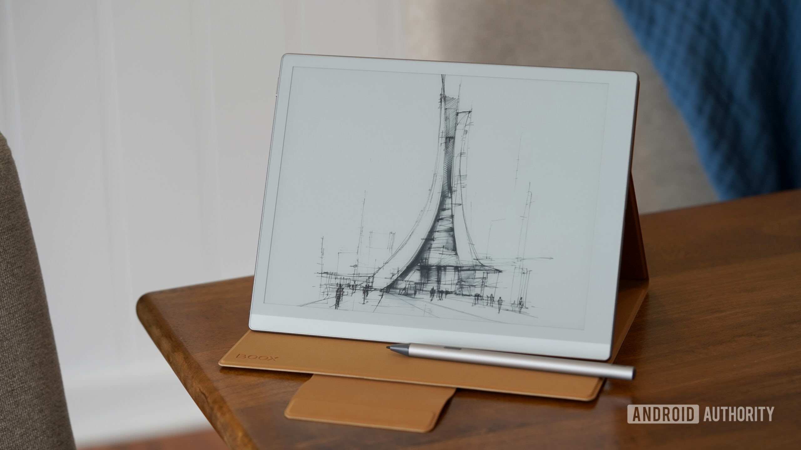 A Boox Go 10.3 Gen II rests on its folio stand.