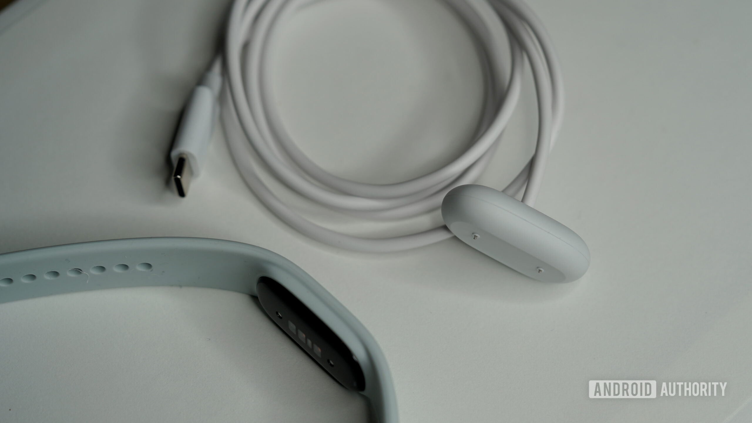 A Google Fitbit Air rests alongside its charger.