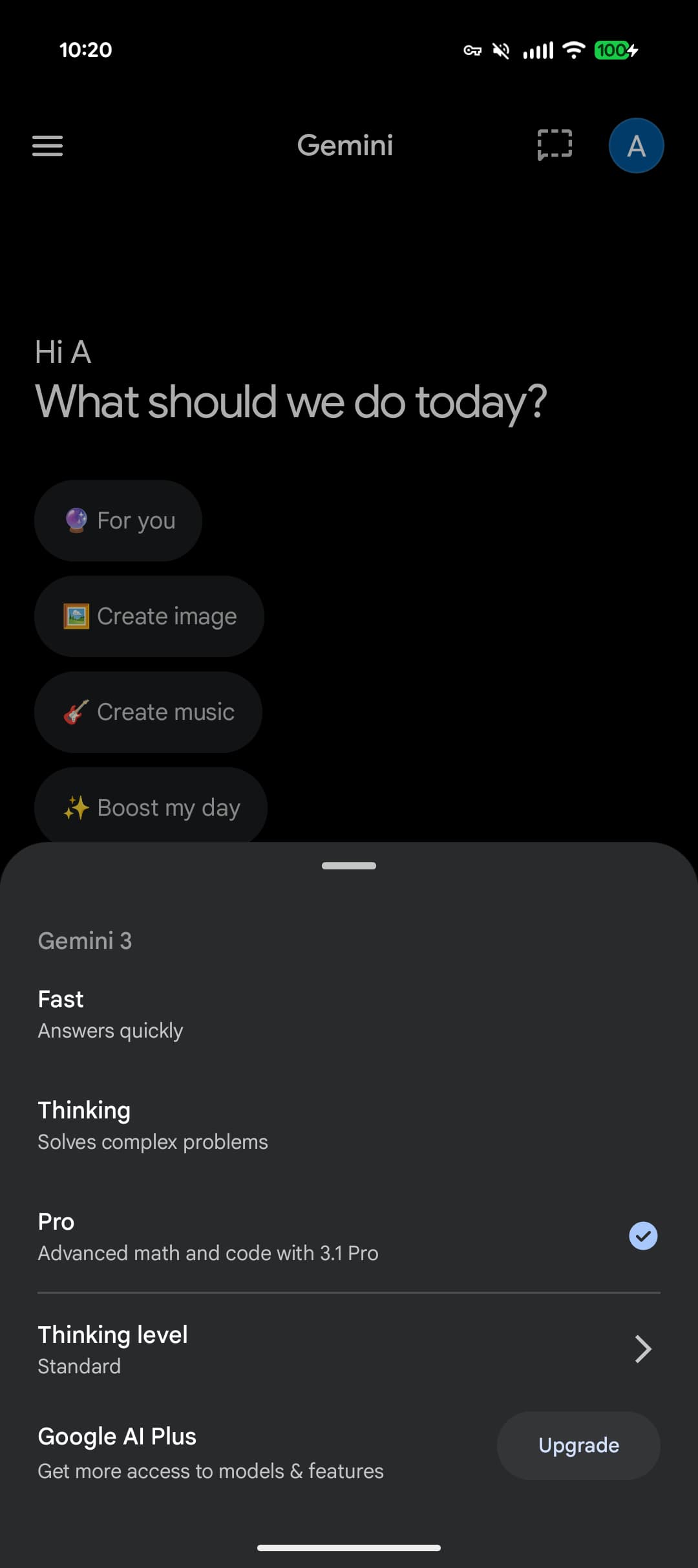 Gemini app model picker with "Fast", "Thinking", and "Pro" options available. The "Pro" option is selected, and the app shows the option to select a "Thinking level"
