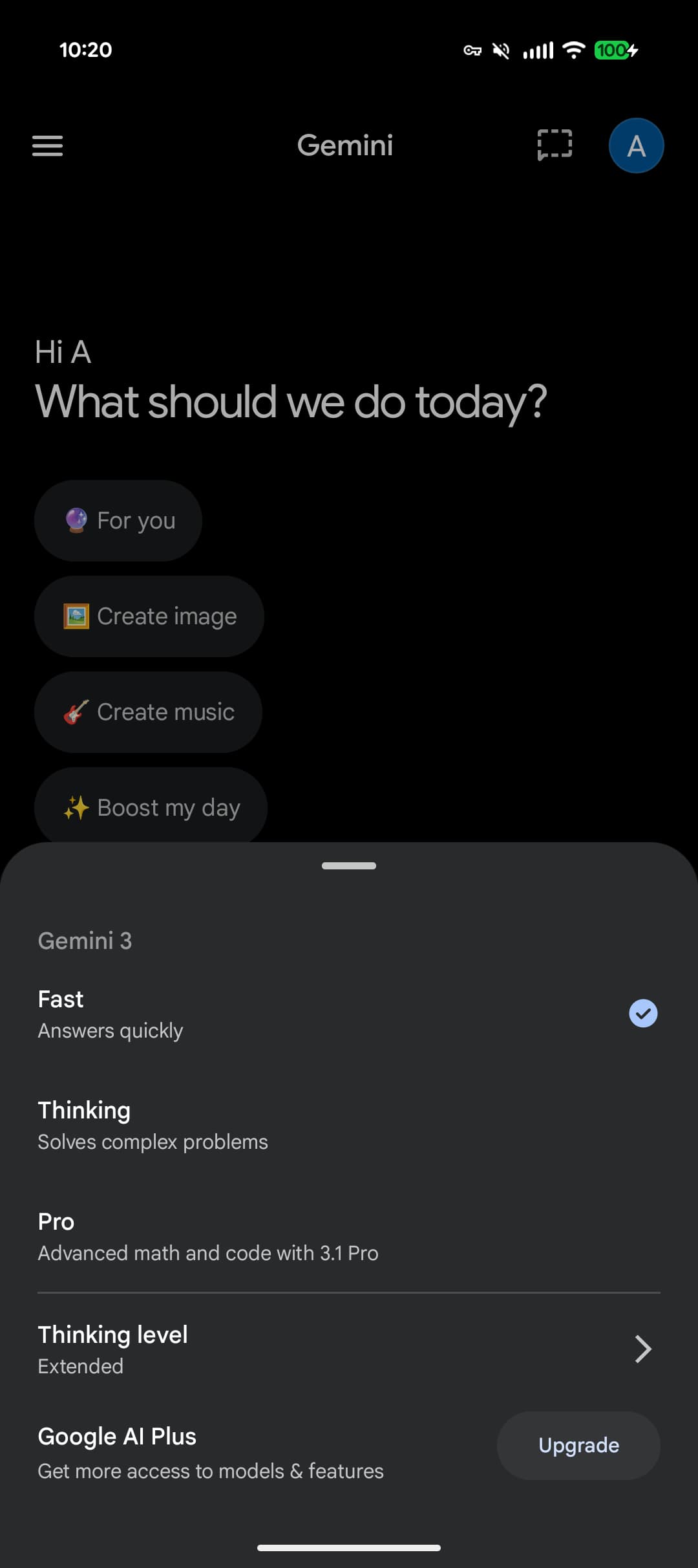 Gemini app model picker with "Fast", "Thinking", and "Pro" options available. The "Fast" option is selected, and the app shows the option to select a "Thinking level"