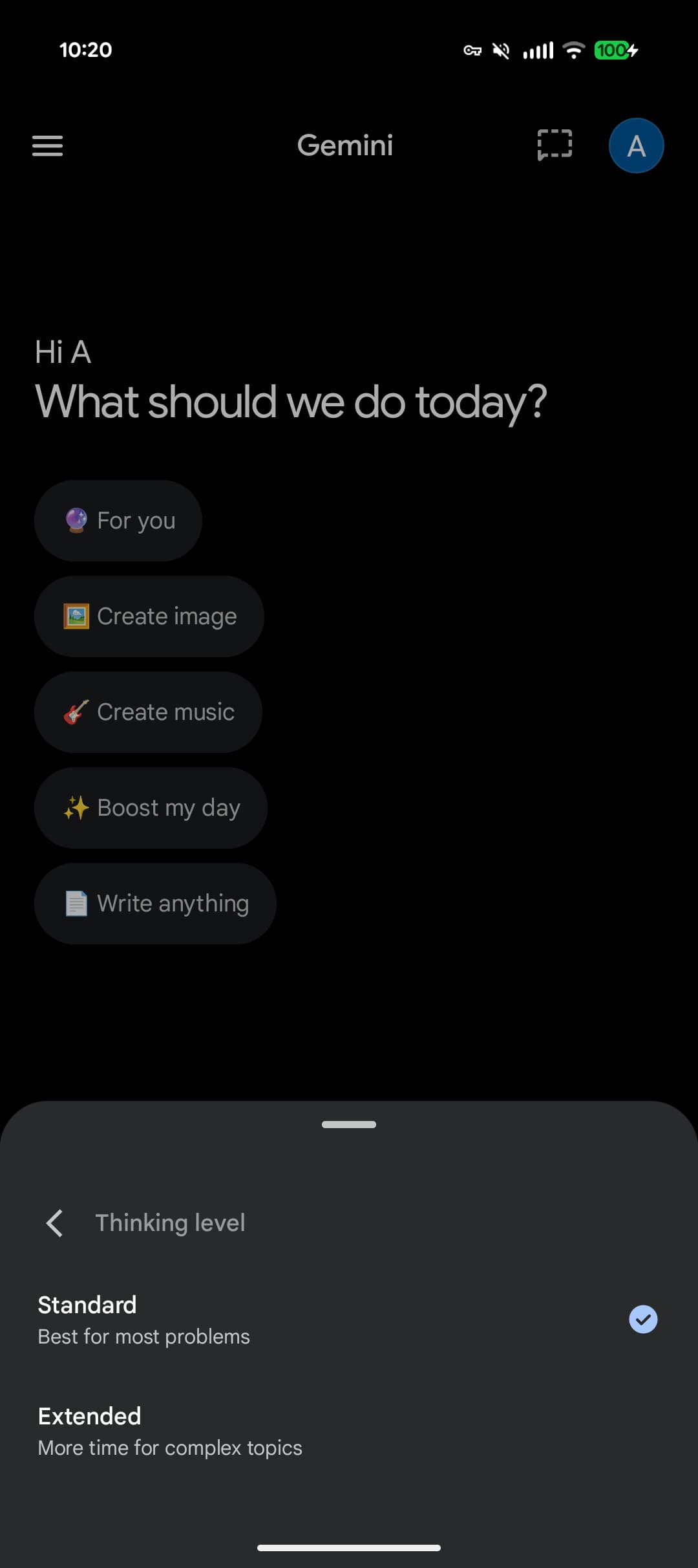 Gemini app showing the two available "Thinking levels" — "standard" and "extended"