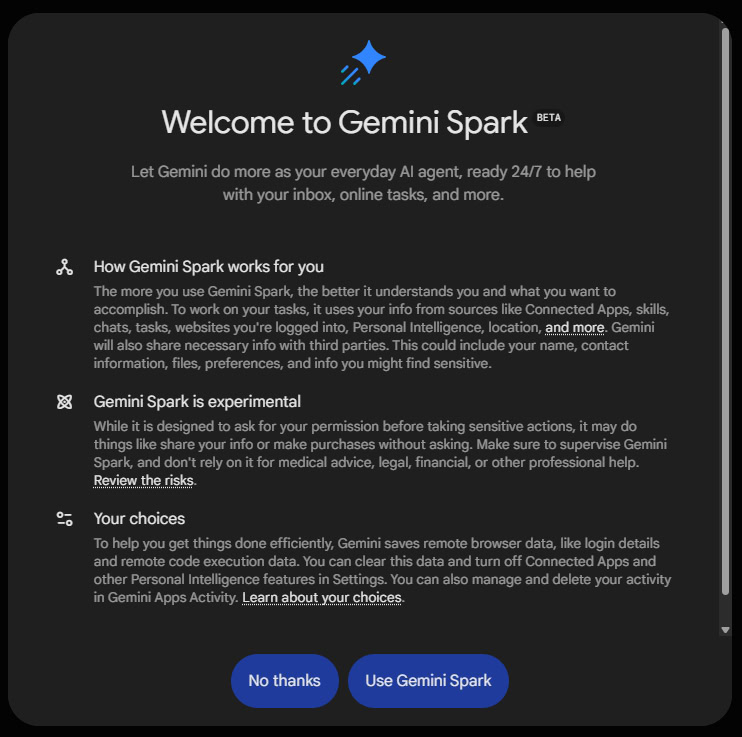 gemini spark onboarding screen