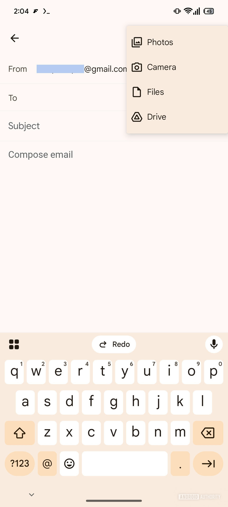 Gmail insert menu showing photos and camera options