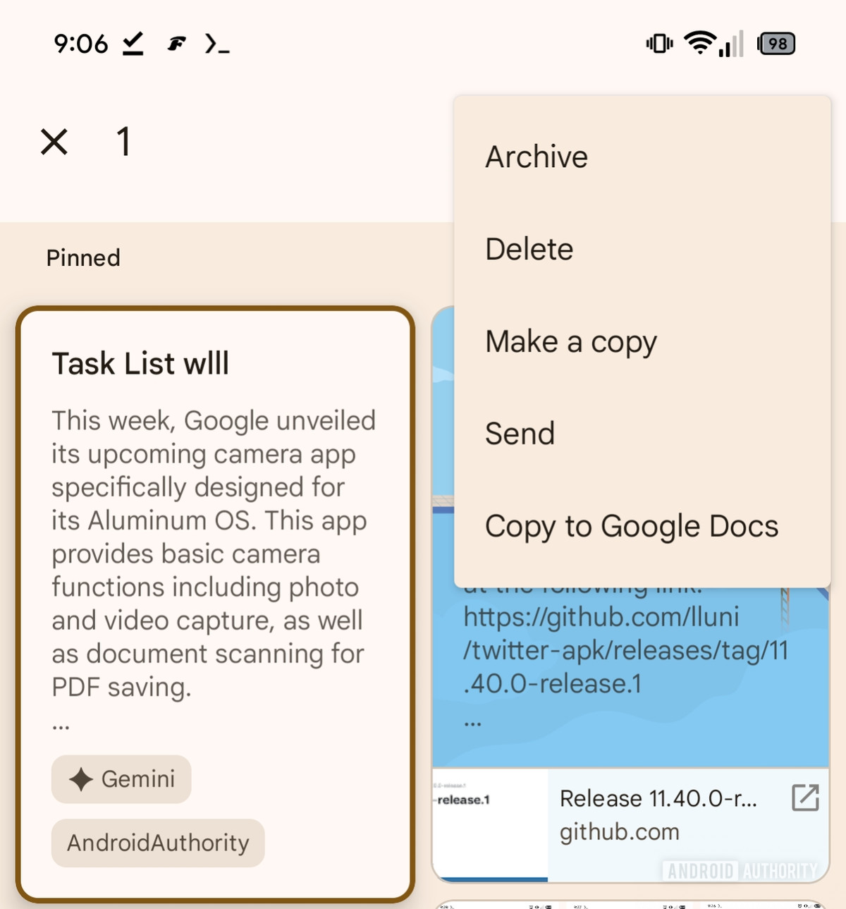 Google Keep Three dot menu for reference
