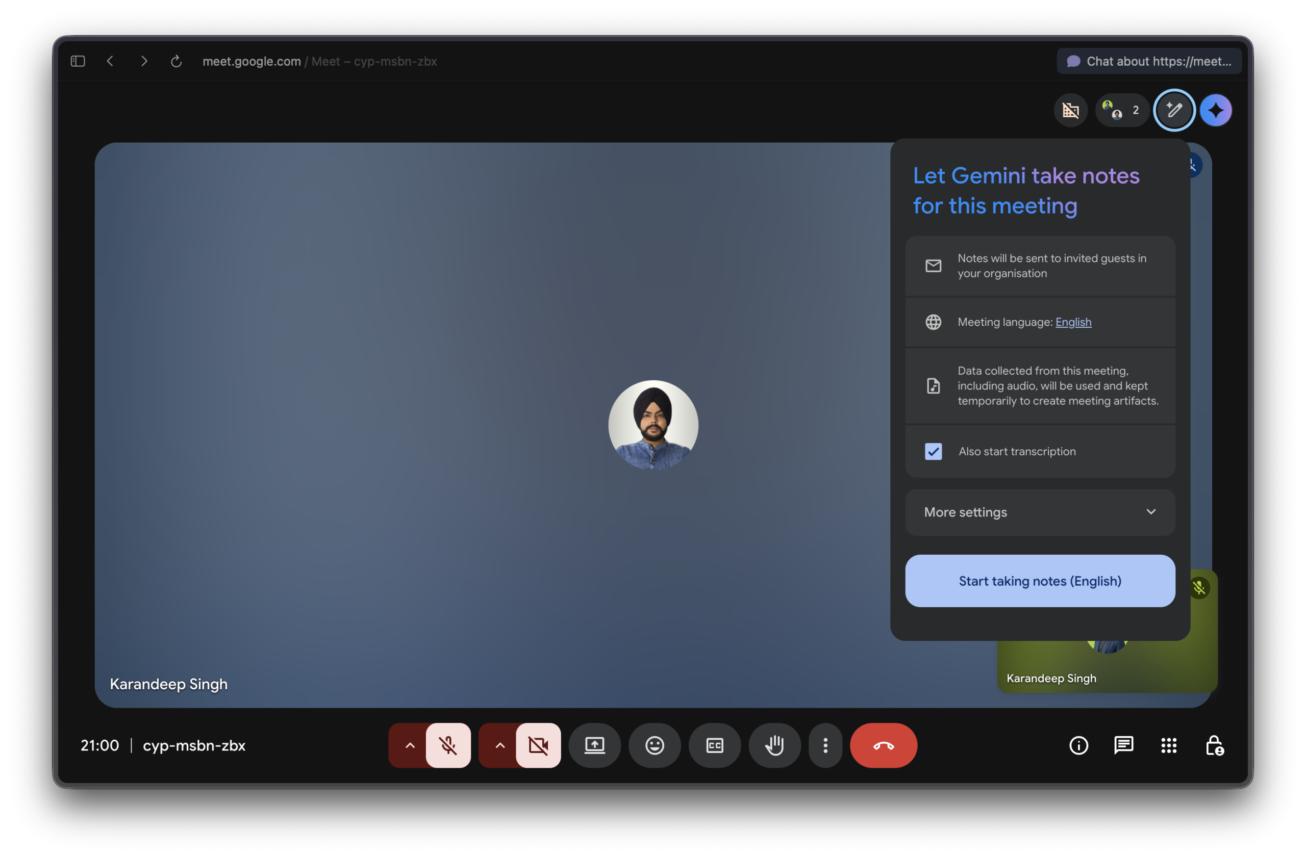 Google Meet AI note taker with Gemini screenshot