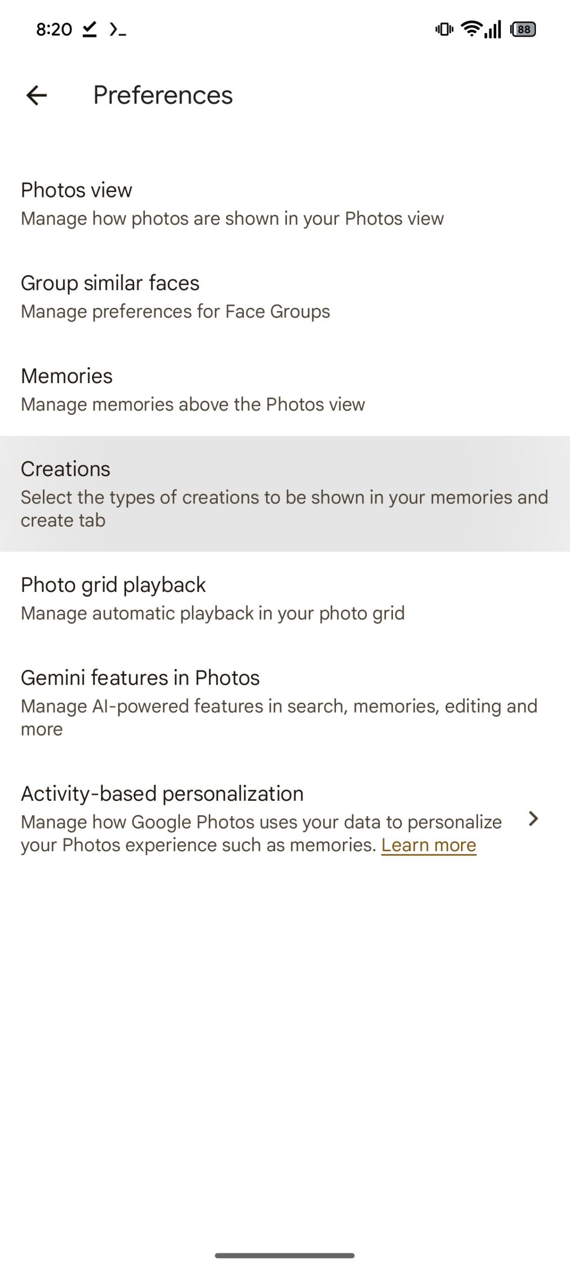 Google Photos new for you in create tab creations toggle